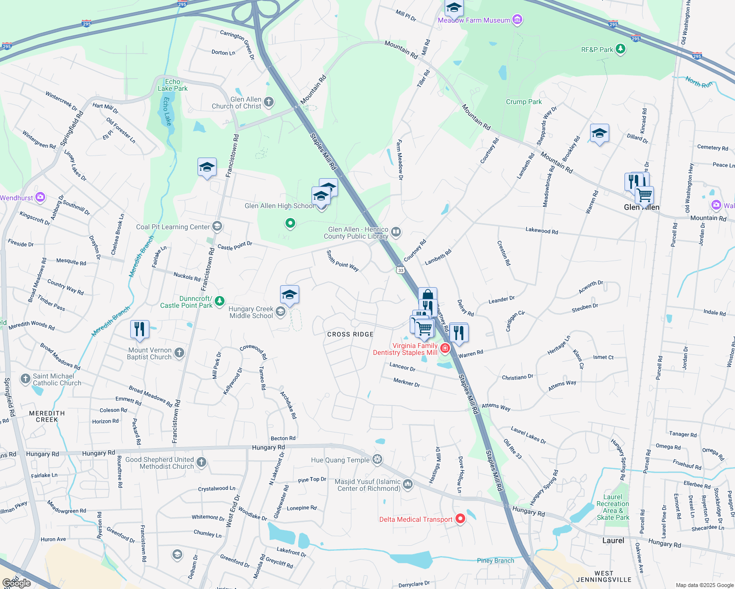 map of restaurants, bars, coffee shops, grocery stores, and more near 3504 Bohannon Drive in Glen Allen