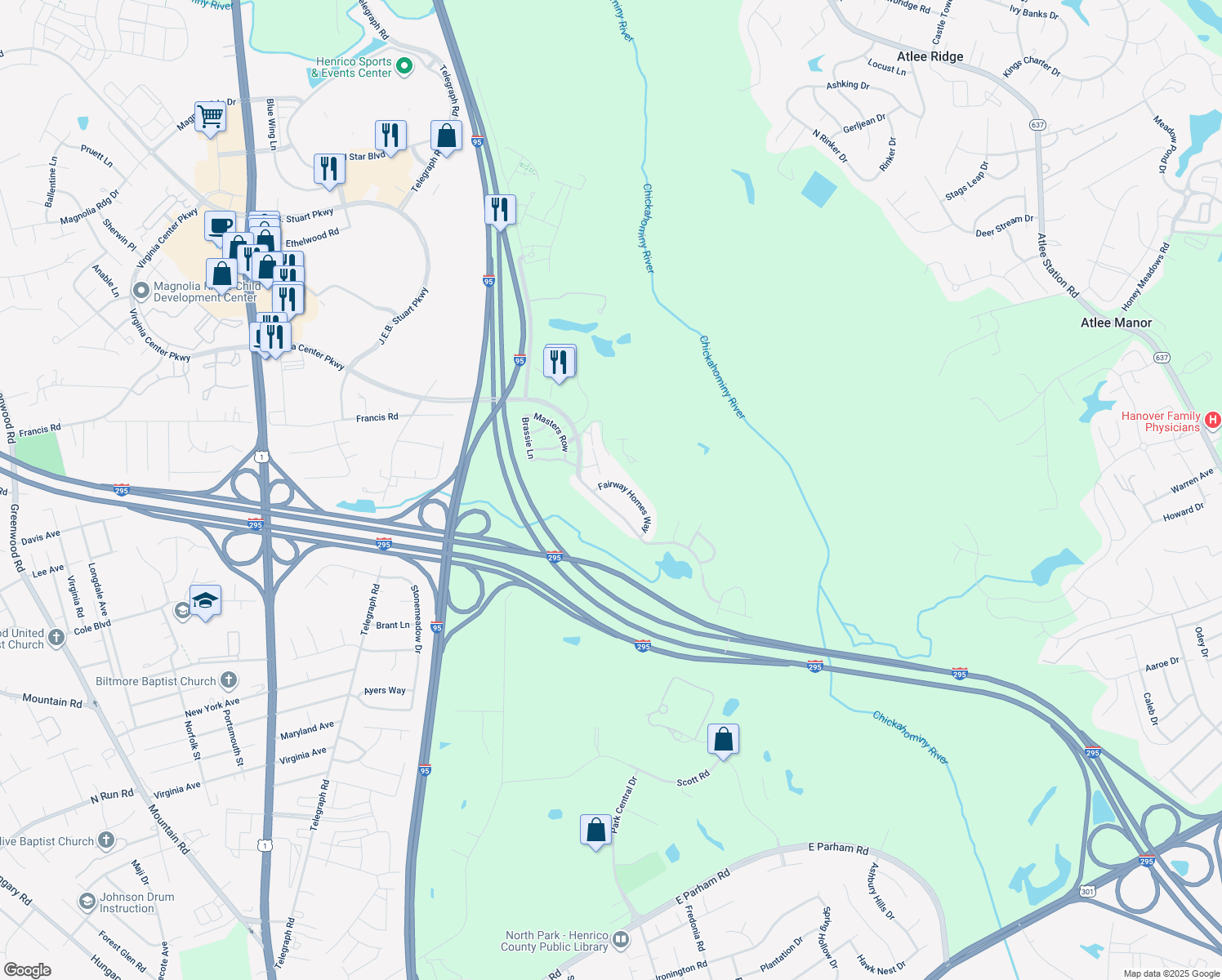 map of restaurants, bars, coffee shops, grocery stores, and more near 2819 Fairway Homes Way in Glen Allen