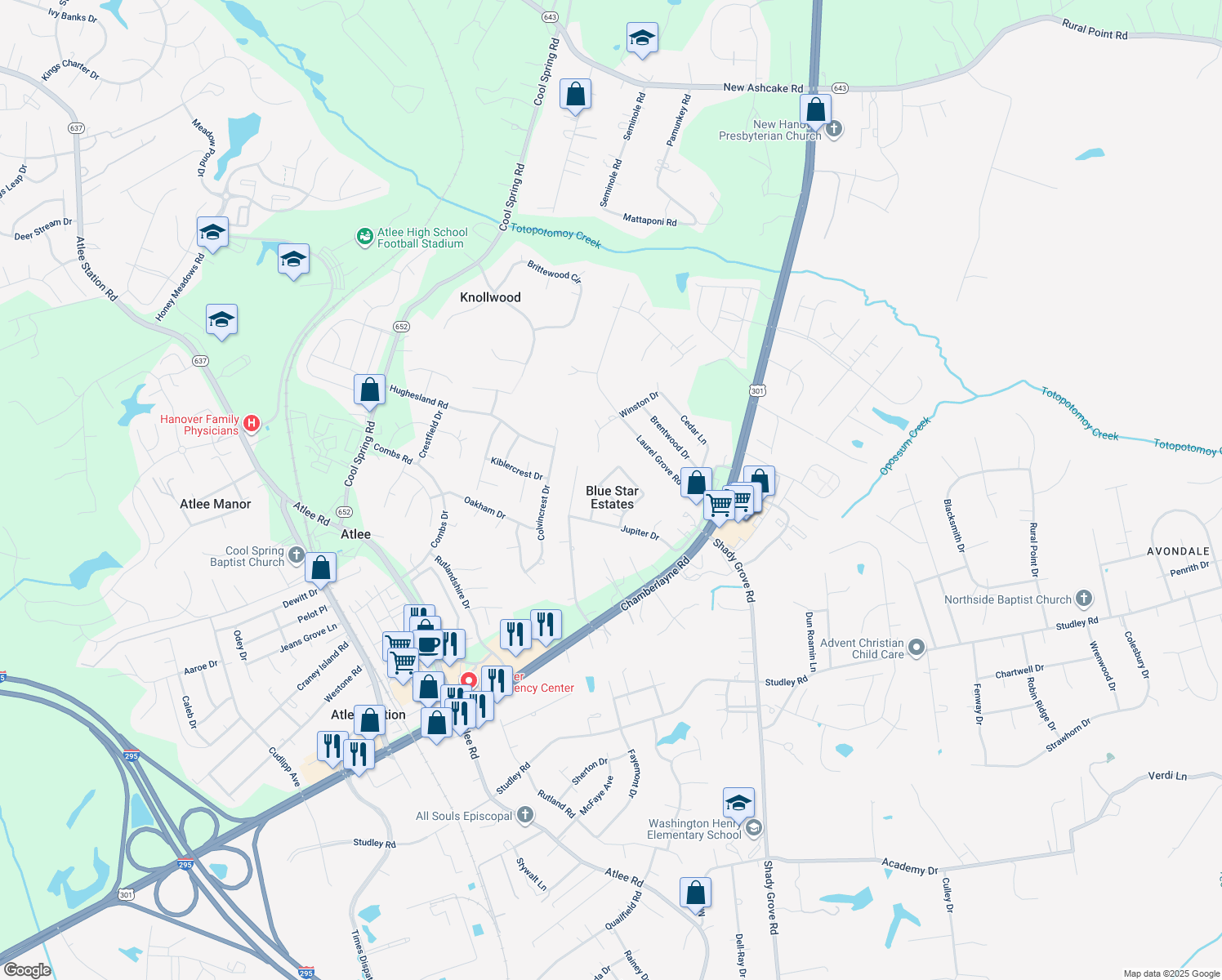 map of restaurants, bars, coffee shops, grocery stores, and more near 9294 Venus Drive in Mechanicsville