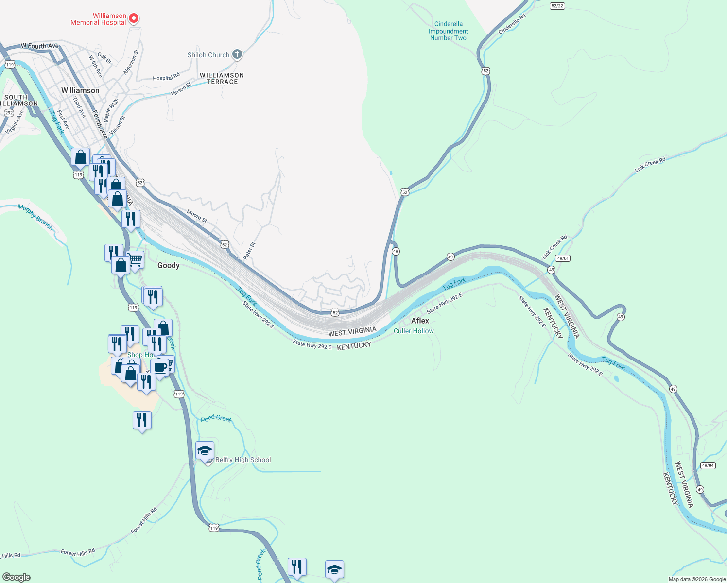 map of restaurants, bars, coffee shops, grocery stores, and more near 1228 East 6th Avenue in Williamson