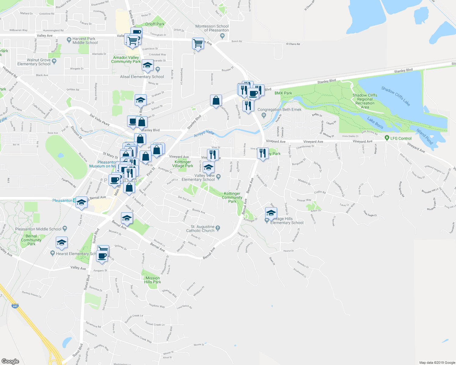 map of restaurants, bars, coffee shops, grocery stores, and more near 529 Gerard Court in Pleasanton