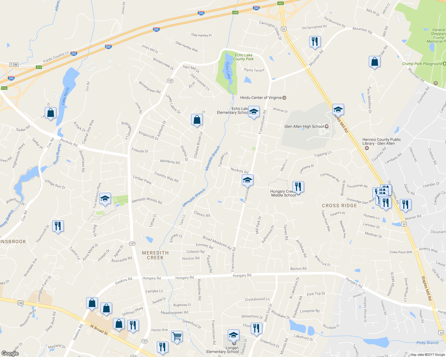 map of restaurants, bars, coffee shops, grocery stores, and more near 5122 Reids Pointe Road in Glen Allen