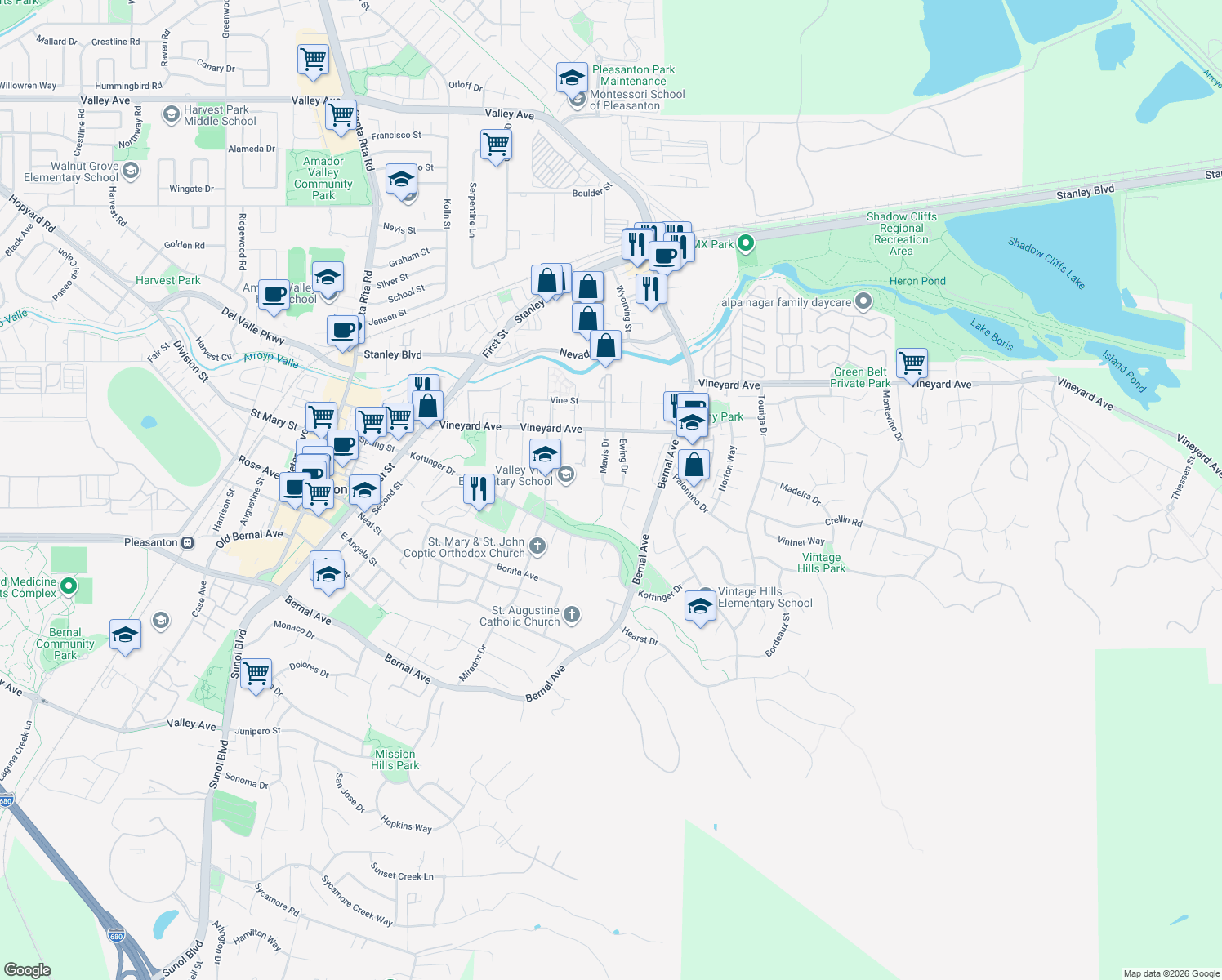 map of restaurants, bars, coffee shops, grocery stores, and more near 495 Mavis Drive in Pleasanton
