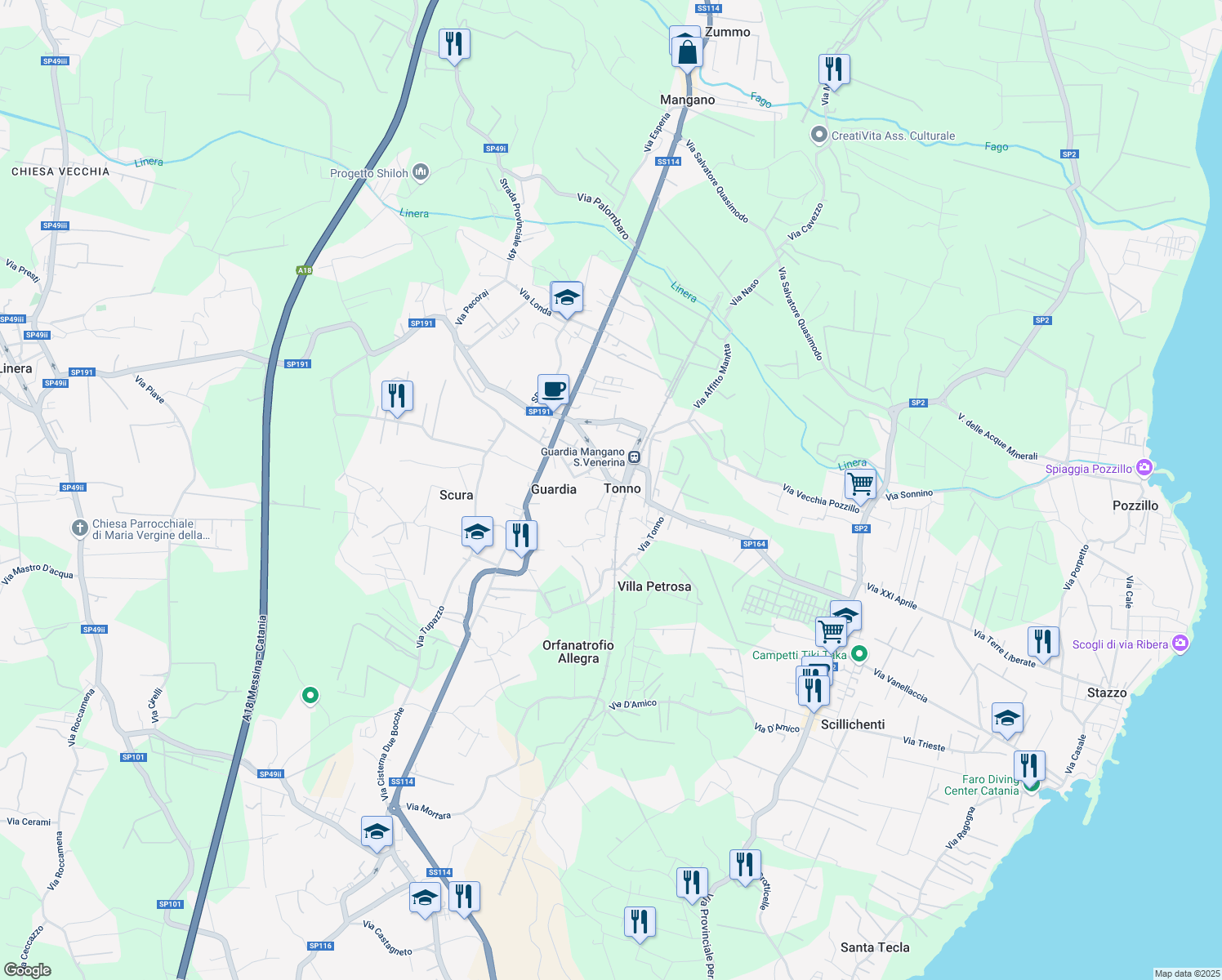 map of restaurants, bars, coffee shops, grocery stores, and more near 2 Via Marche in Acireale