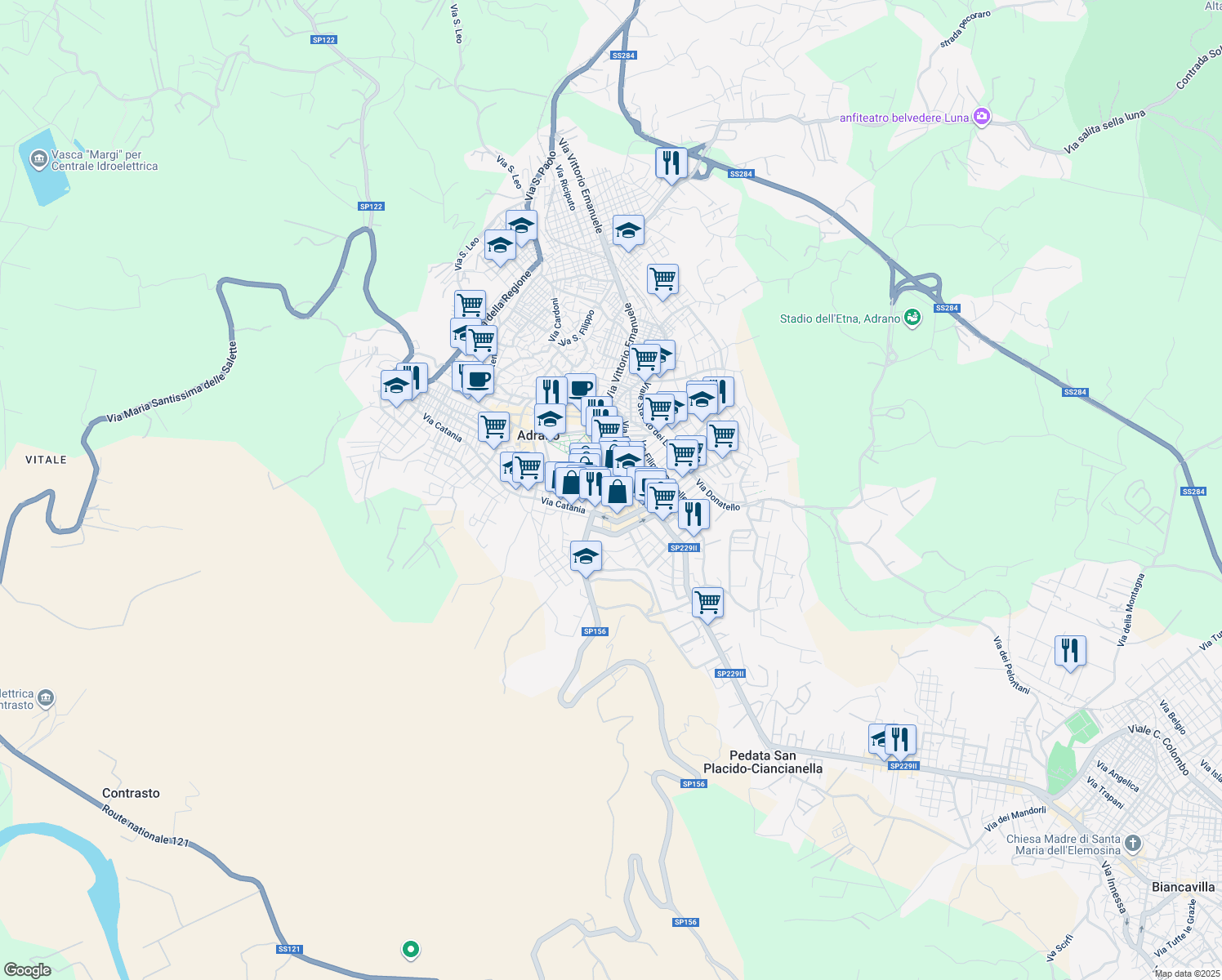 map of restaurants, bars, coffee shops, grocery stores, and more near 31A Via Cadore in Adrano