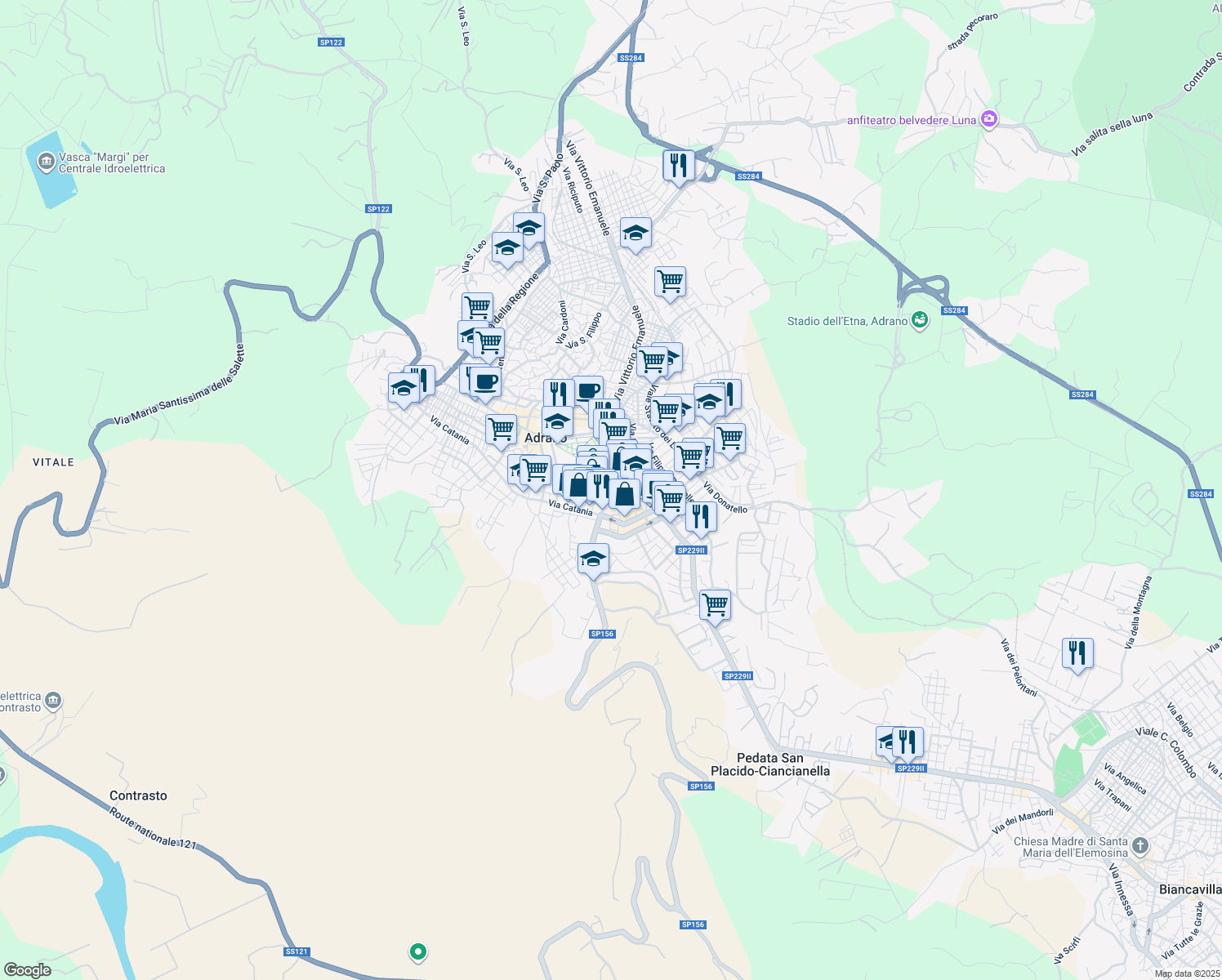 map of restaurants, bars, coffee shops, grocery stores, and more near 31A Via Cadore in Adrano
