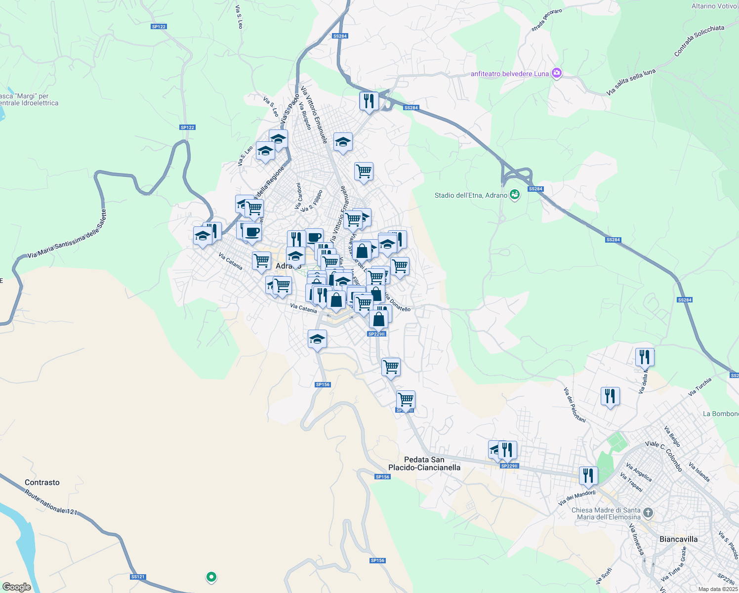 map of restaurants, bars, coffee shops, grocery stores, and more near 38 Via Masotto in Adrano
