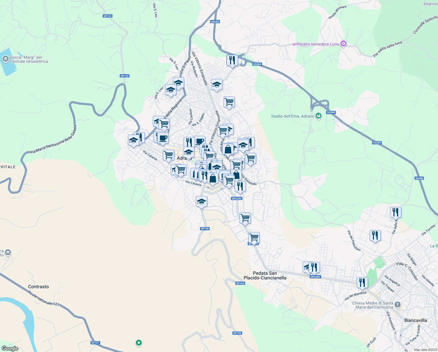 map of restaurants, bars, coffee shops, grocery stores, and more near 2 Via Duca D'Aosta in Adrano
