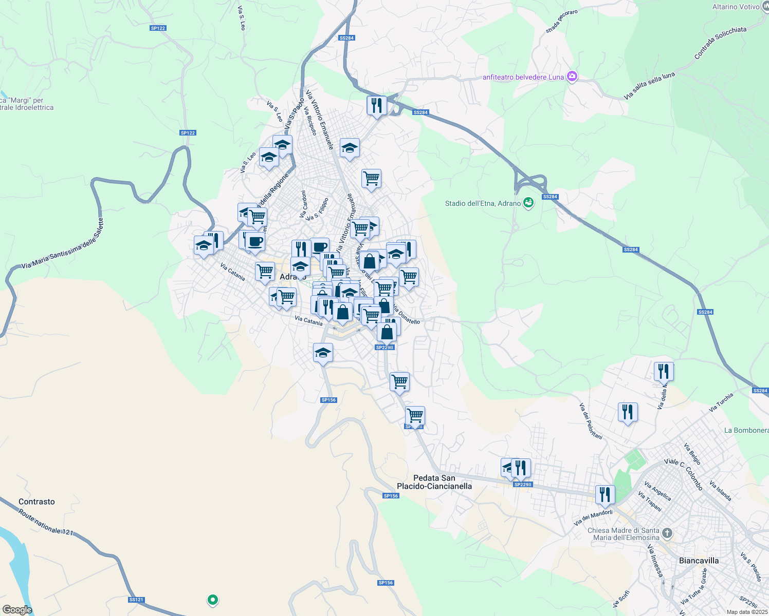 map of restaurants, bars, coffee shops, grocery stores, and more near Via Stefano Ittar in Adrano