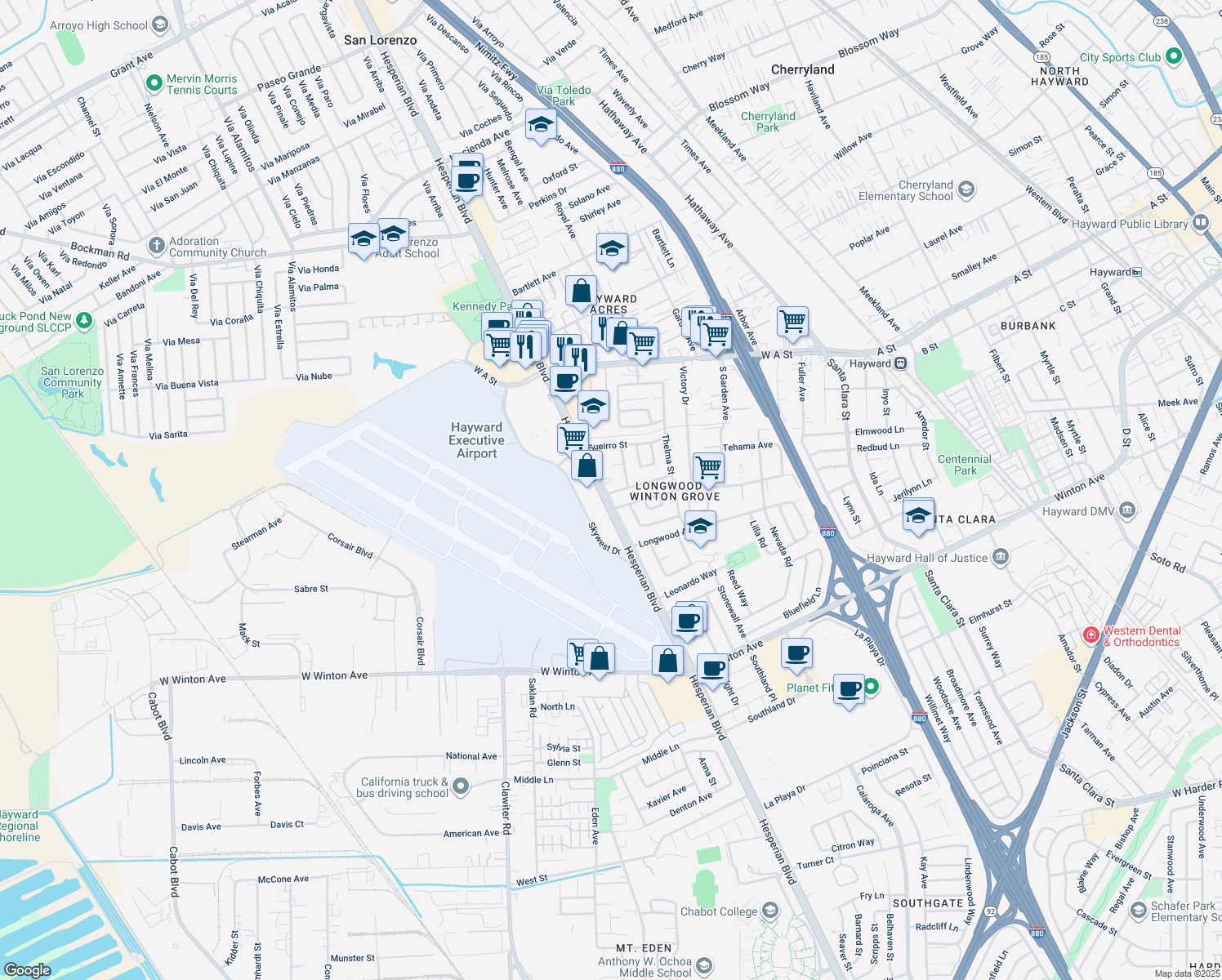 map of restaurants, bars, coffee shops, grocery stores, and more near 987 Lester Ave in Hayward