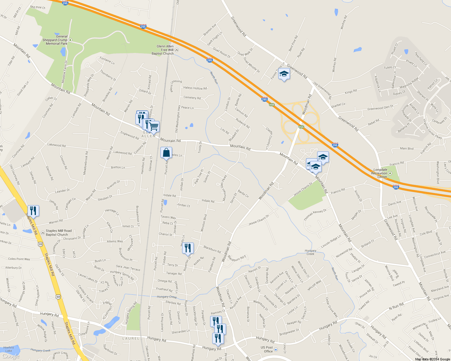 map of restaurants, bars, coffee shops, grocery stores, and more near 10453 Mountain Glen Parkway in Glen Allen