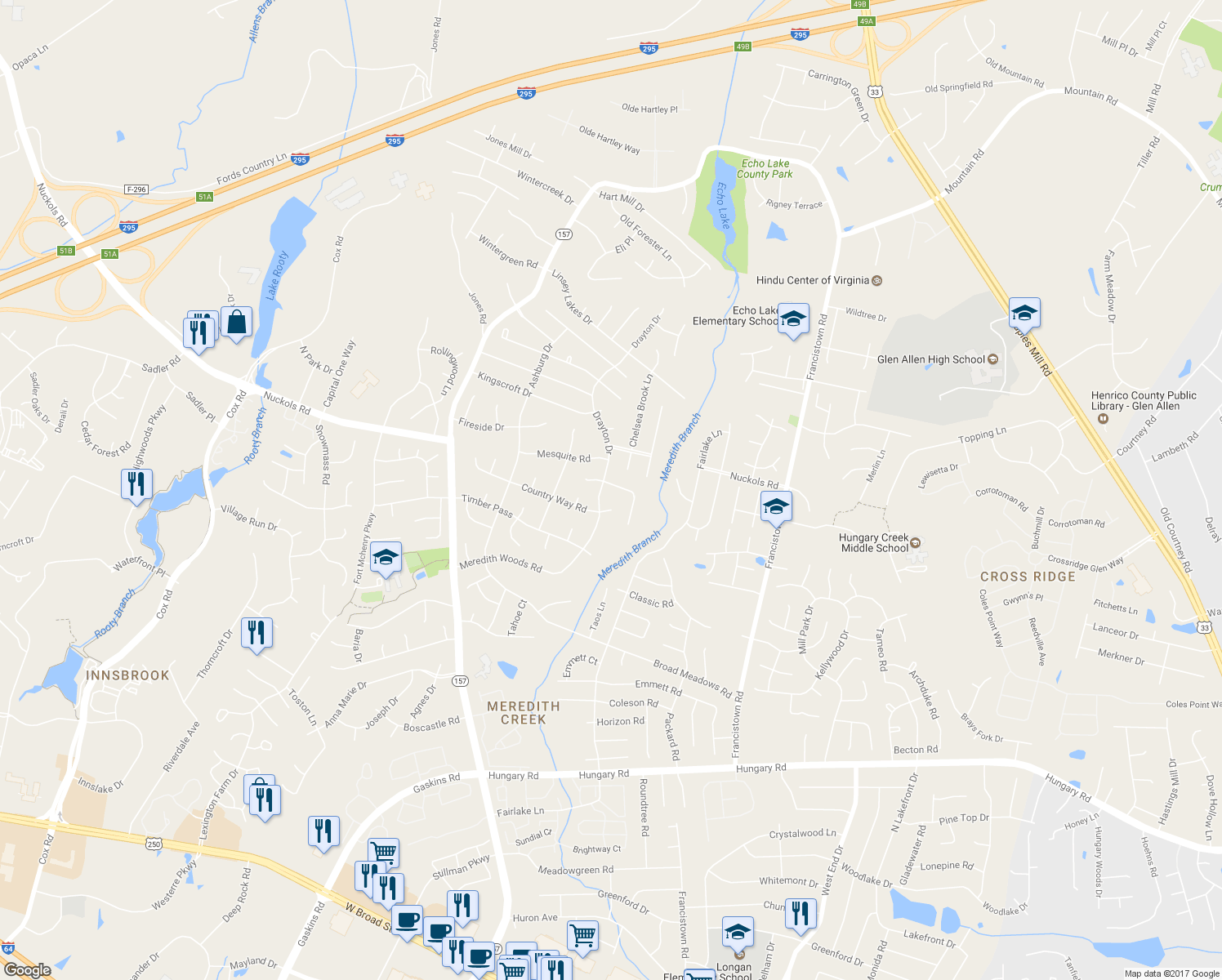 map of restaurants, bars, coffee shops, grocery stores, and more near 5129 Ashborne Road in Glen Allen