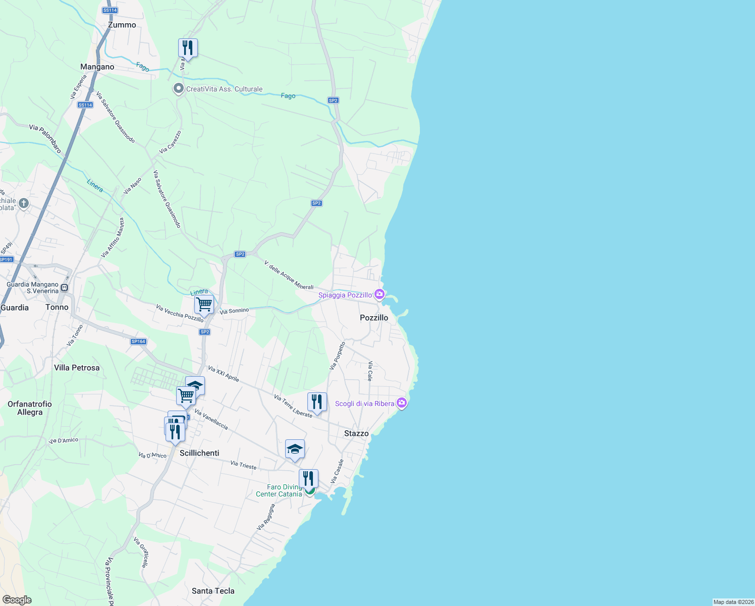 map of restaurants, bars, coffee shops, grocery stores, and more near 26 Piazza Santa Margherita Regina in Acireale
