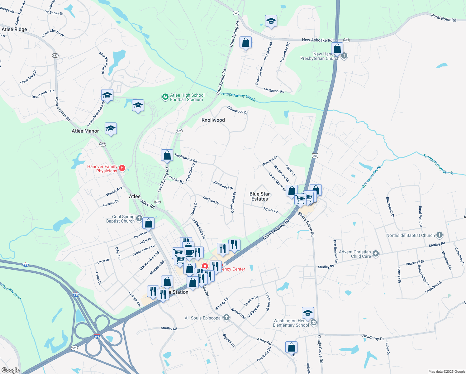 map of restaurants, bars, coffee shops, grocery stores, and more near 9387 Colvincrest Drive in Mechanicsville