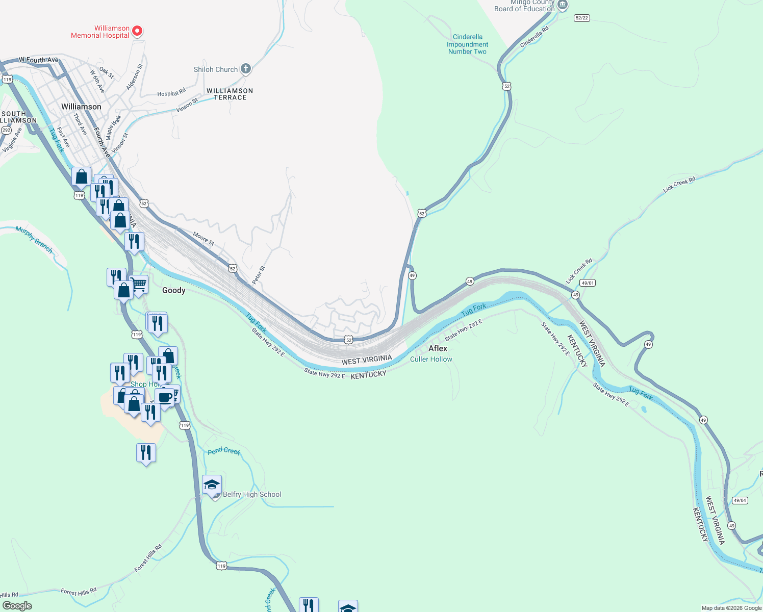map of restaurants, bars, coffee shops, grocery stores, and more near 1226-1228 East 6th Avenue in Williamson