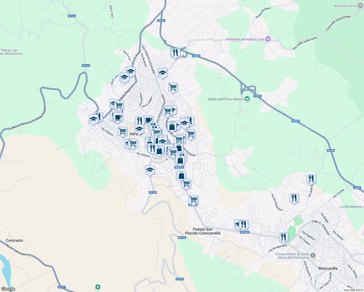 map of restaurants, bars, coffee shops, grocery stores, and more near Via Stefano Ittar in Adrano