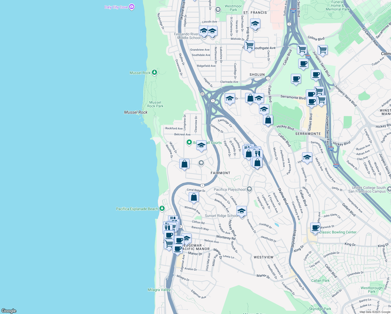 map of restaurants, bars, coffee shops, grocery stores, and more near 1248 Skyline Drive in Daly City