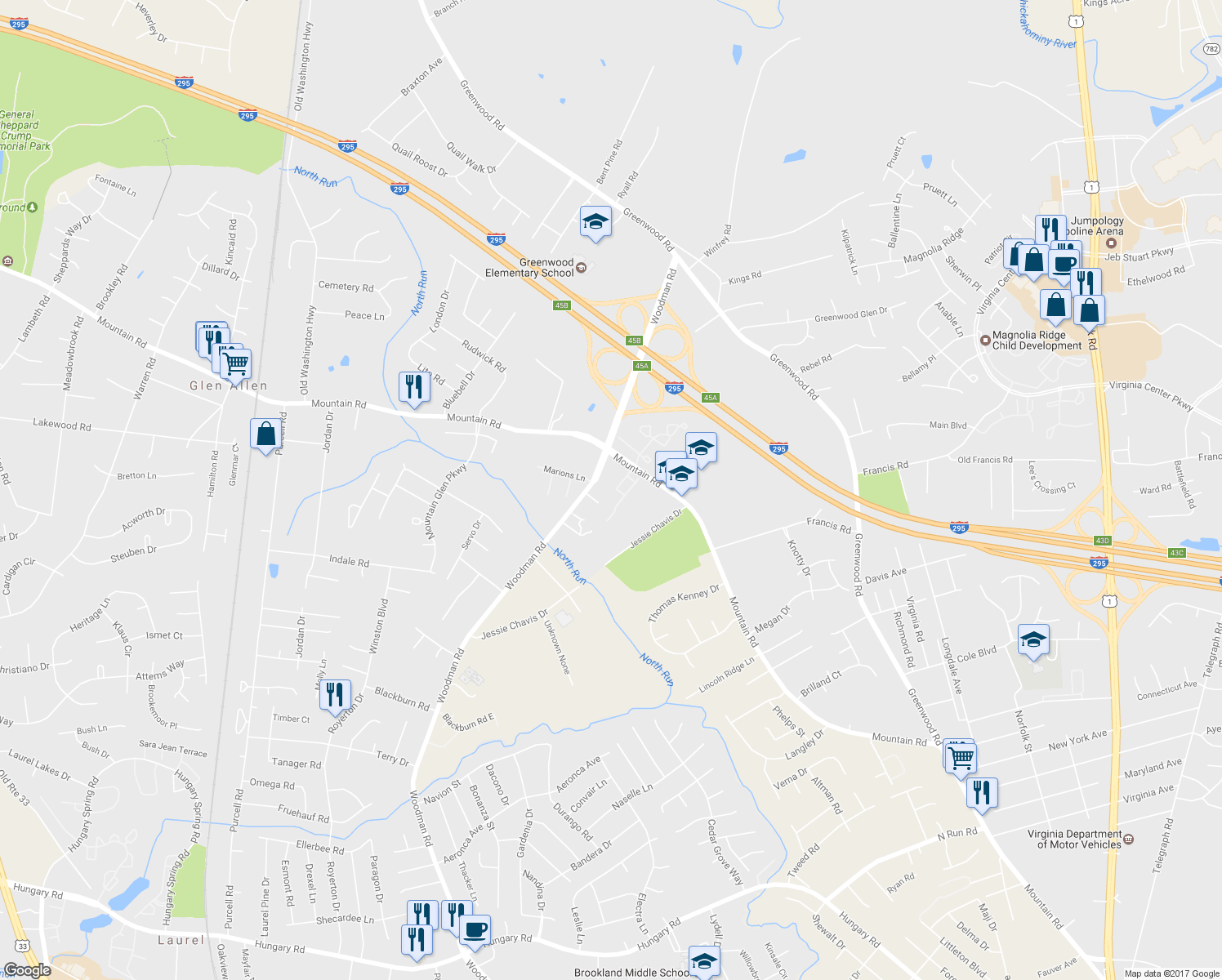 map of restaurants, bars, coffee shops, grocery stores, and more near 2015 Mountain Gate Lane in Glen Allen