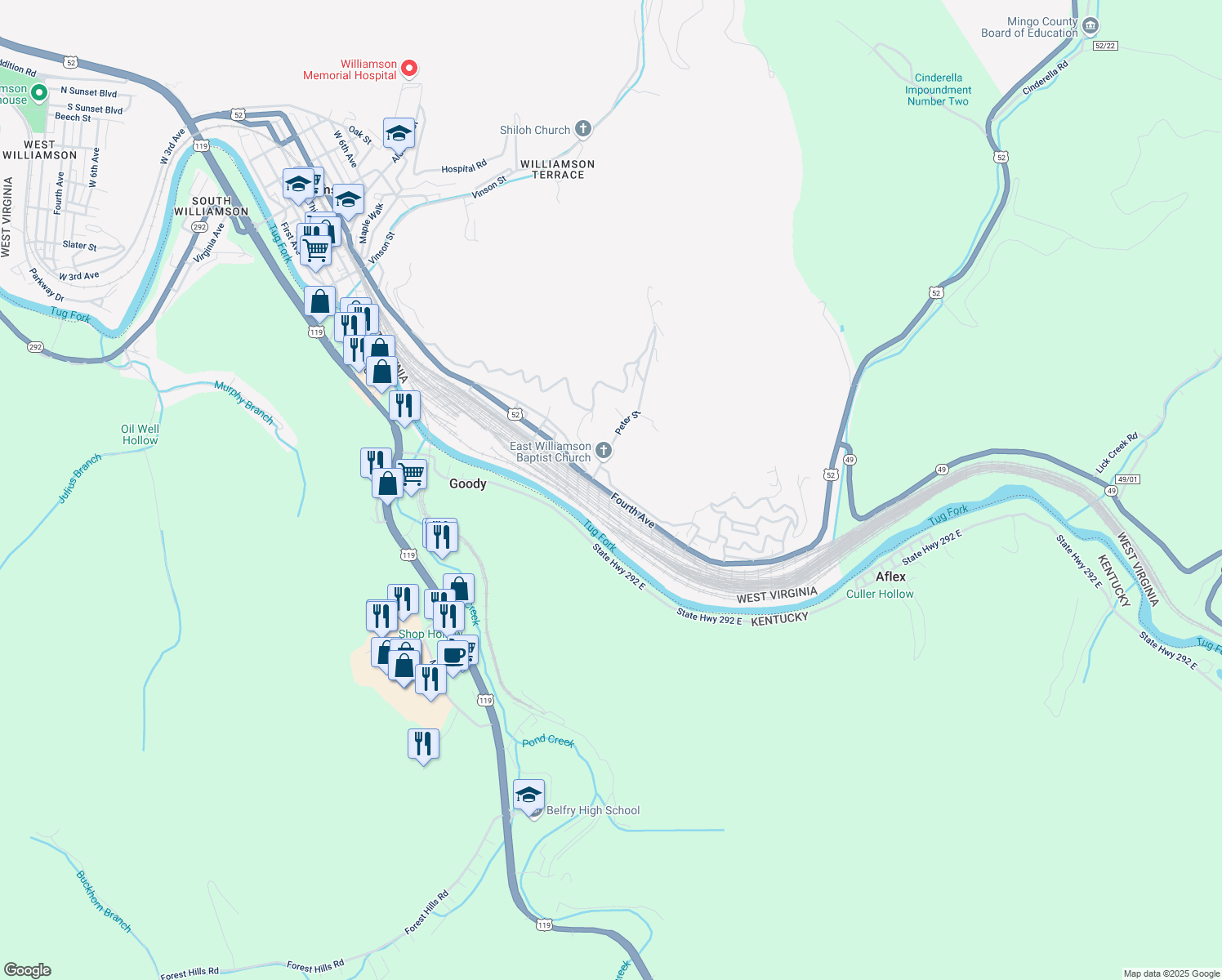 map of restaurants, bars, coffee shops, grocery stores, and more near 973-987 Sycamore St in Williamson