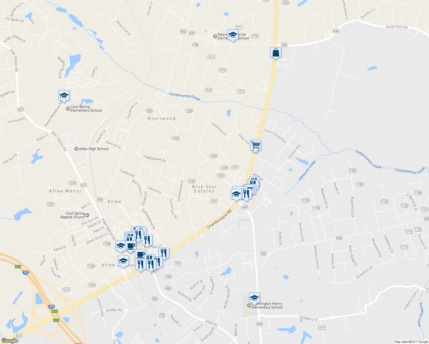 map of restaurants, bars, coffee shops, grocery stores, and more near 9351 Laurel Grove Road in Mechanicsville