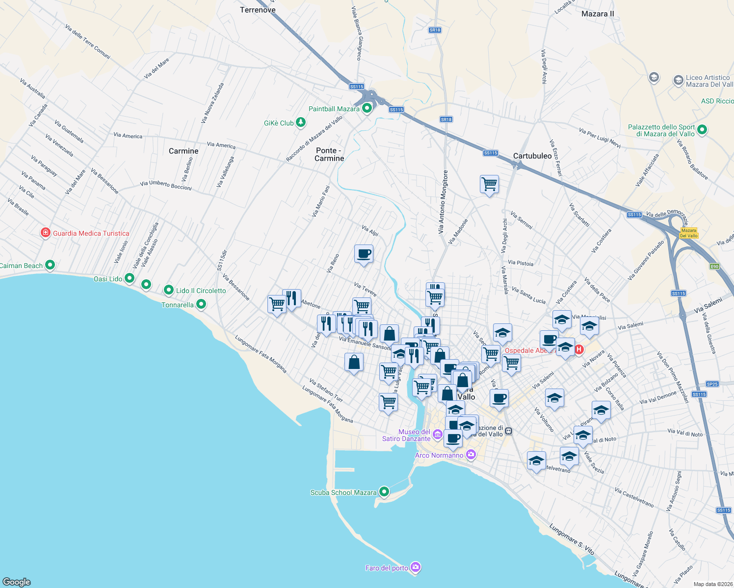 map of restaurants, bars, coffee shops, grocery stores, and more near 42 Via dei Romani in Mazara del Vallo