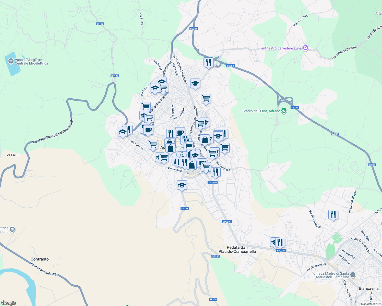 map of restaurants, bars, coffee shops, grocery stores, and more near 14 Via del Segreto in Adrano