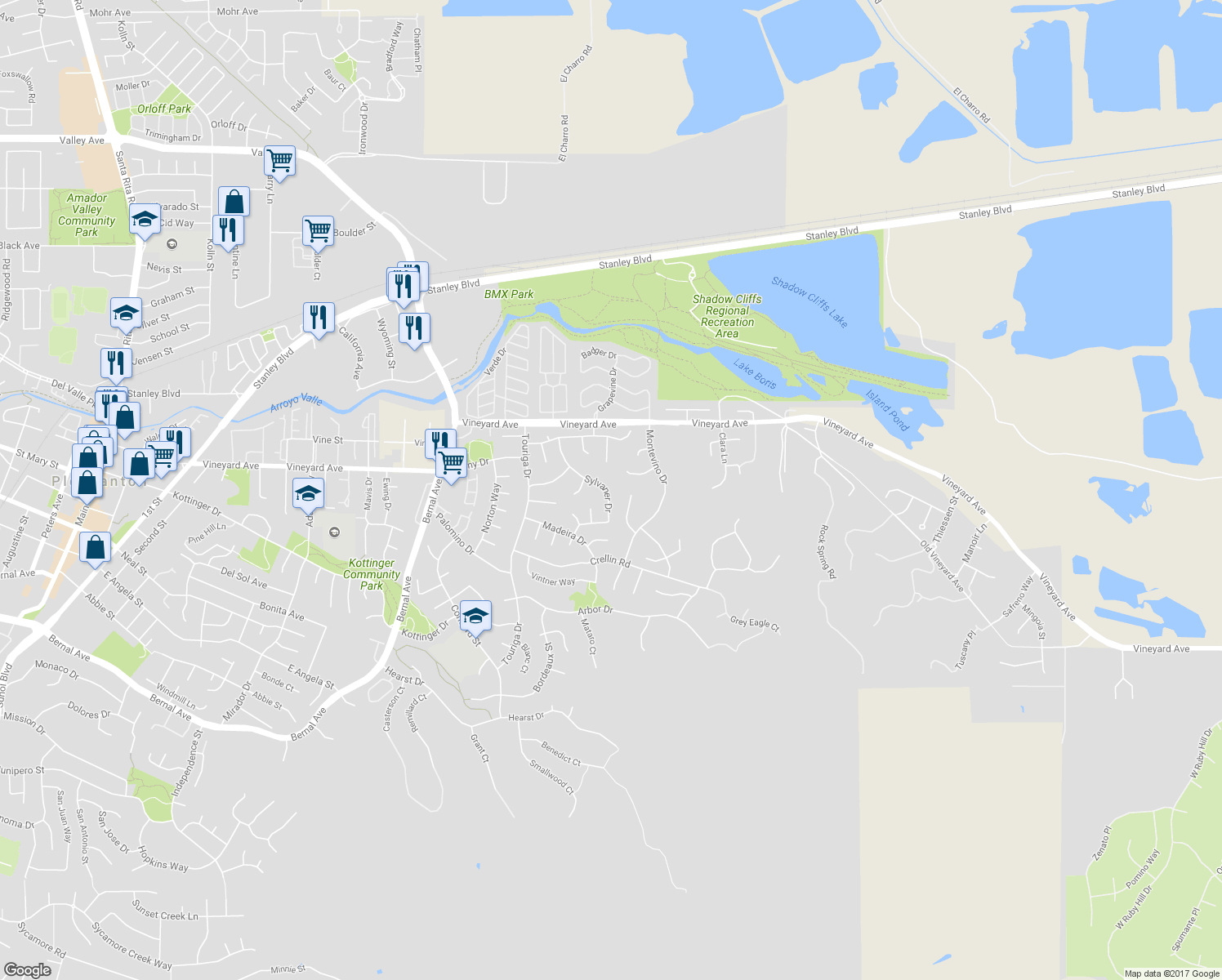 map of restaurants, bars, coffee shops, grocery stores, and more near 798 Sylvaner Drive in Pleasanton