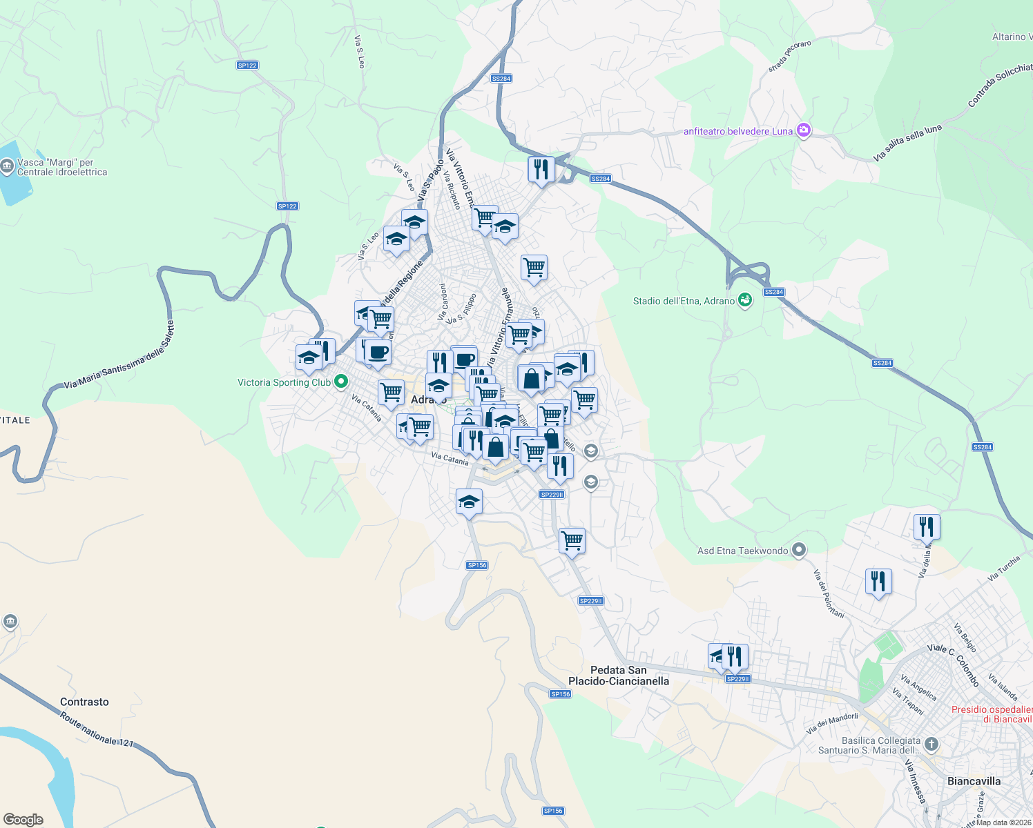 map of restaurants, bars, coffee shops, grocery stores, and more near 24 Via Filippo Brunelleschi in Adrano