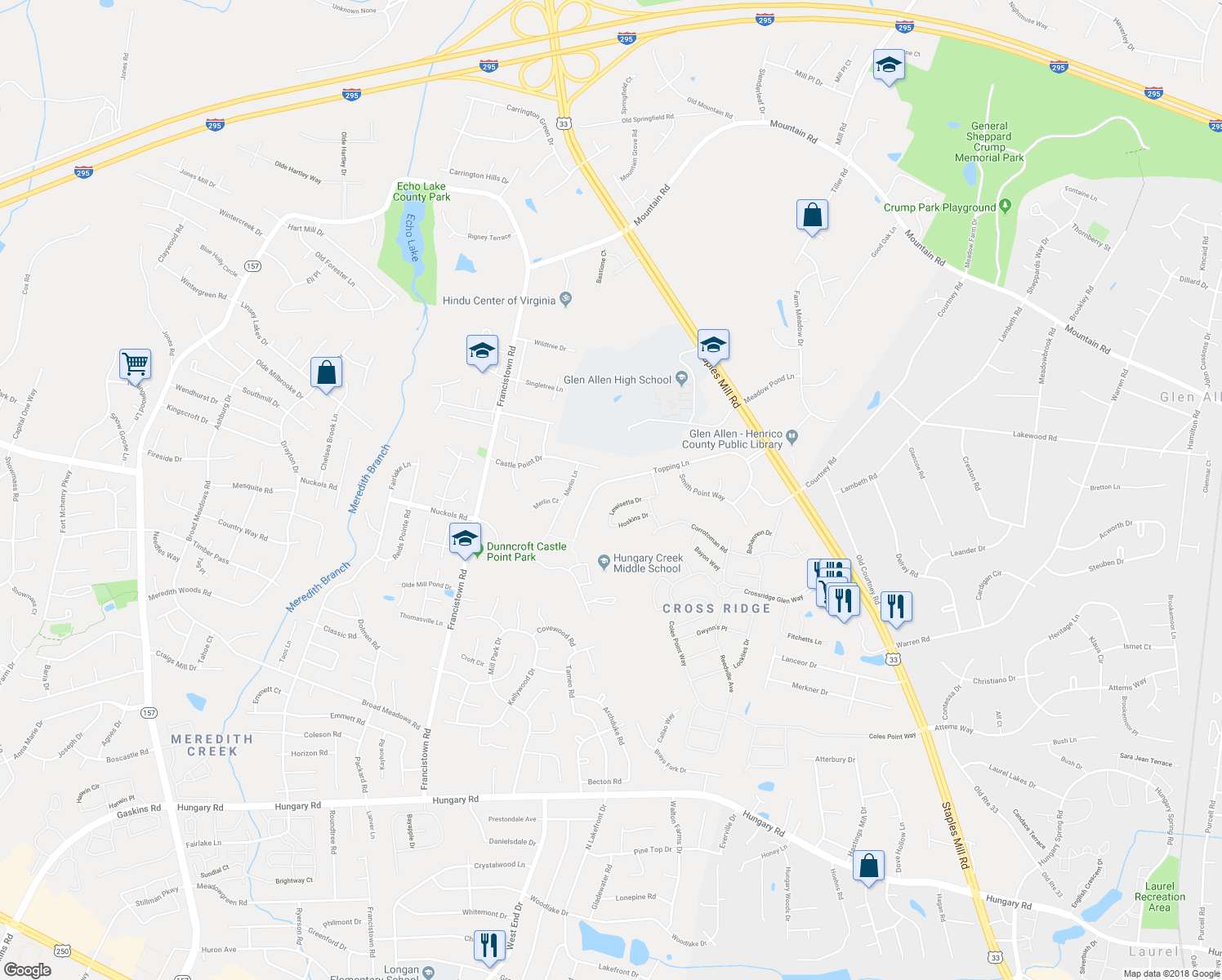 map of restaurants, bars, coffee shops, grocery stores, and more near 5001 Topping Lane in Glen Allen