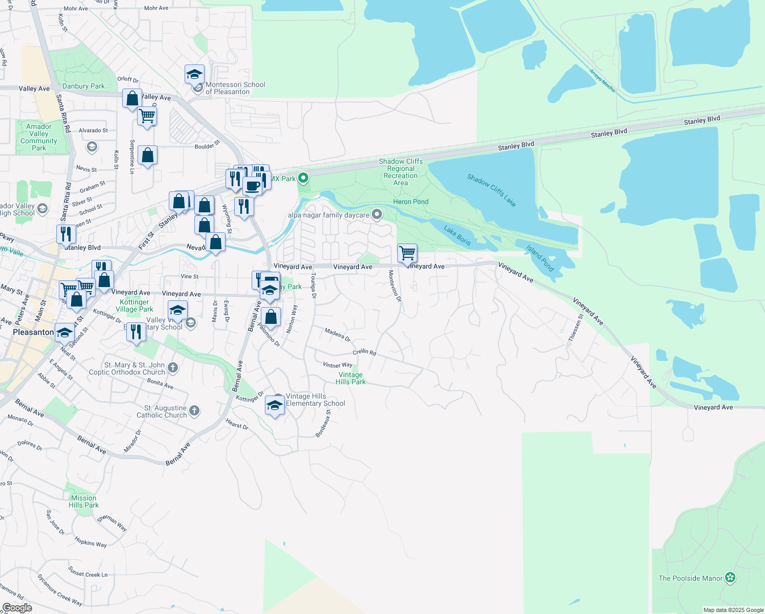 map of restaurants, bars, coffee shops, grocery stores, and more near 2985 Amoroso Court in Pleasanton
