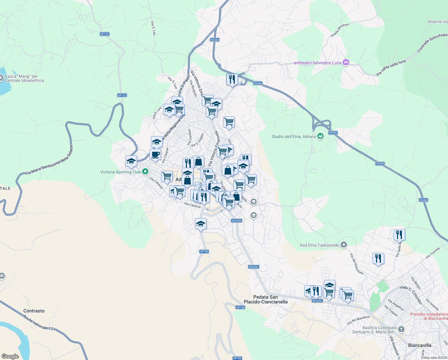 map of restaurants, bars, coffee shops, grocery stores, and more near 24 Via Filippo Brunelleschi in Adrano