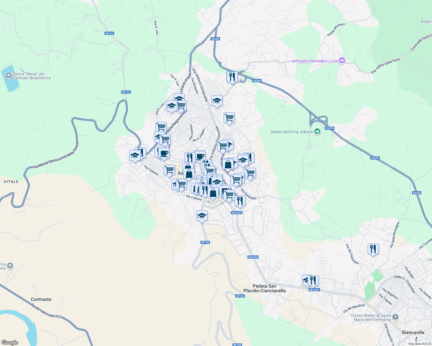 map of restaurants, bars, coffee shops, grocery stores, and more near 14 Via del Segreto in Adrano