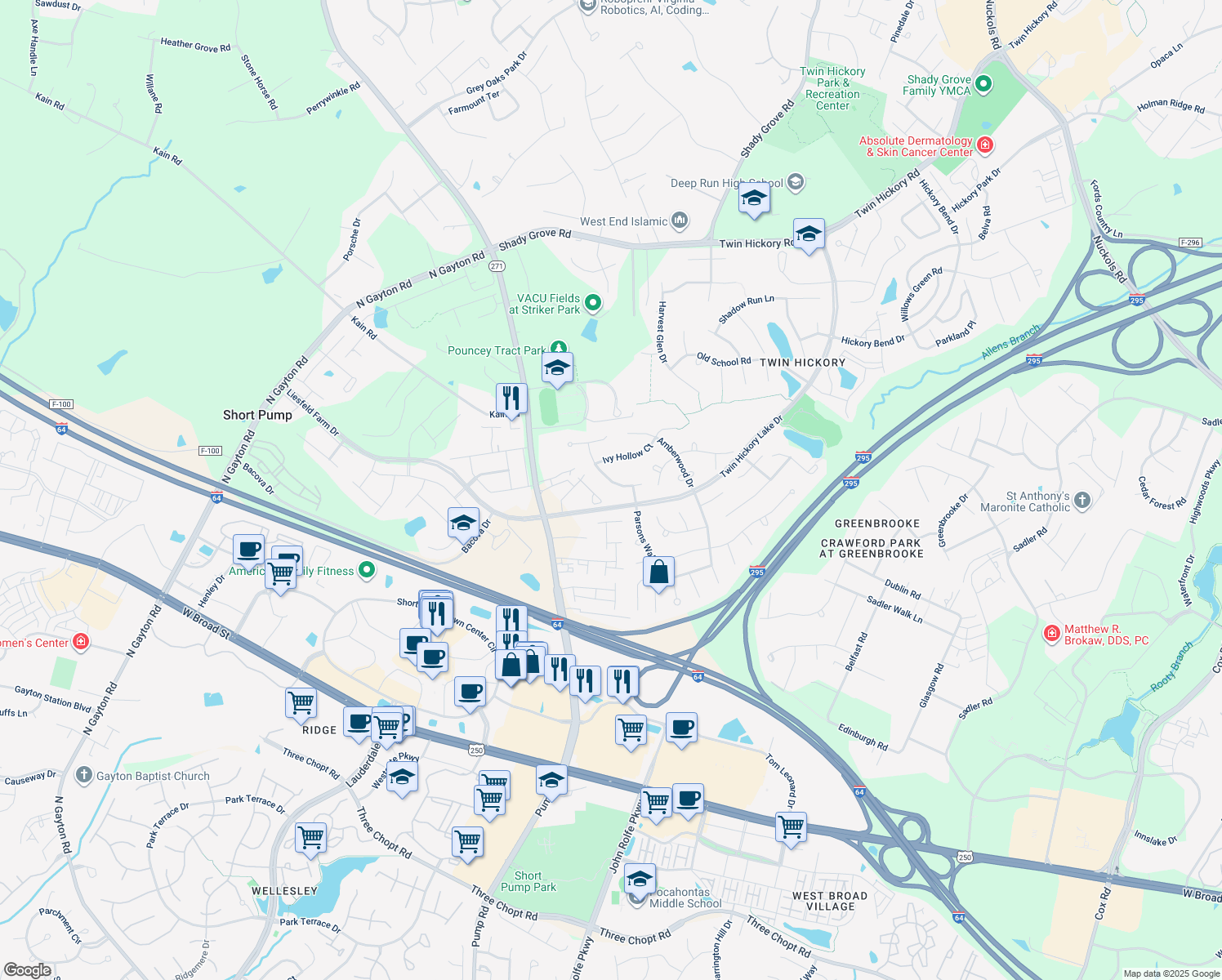 map of restaurants, bars, coffee shops, grocery stores, and more near 5229 Turning Branch Way in Glen Allen