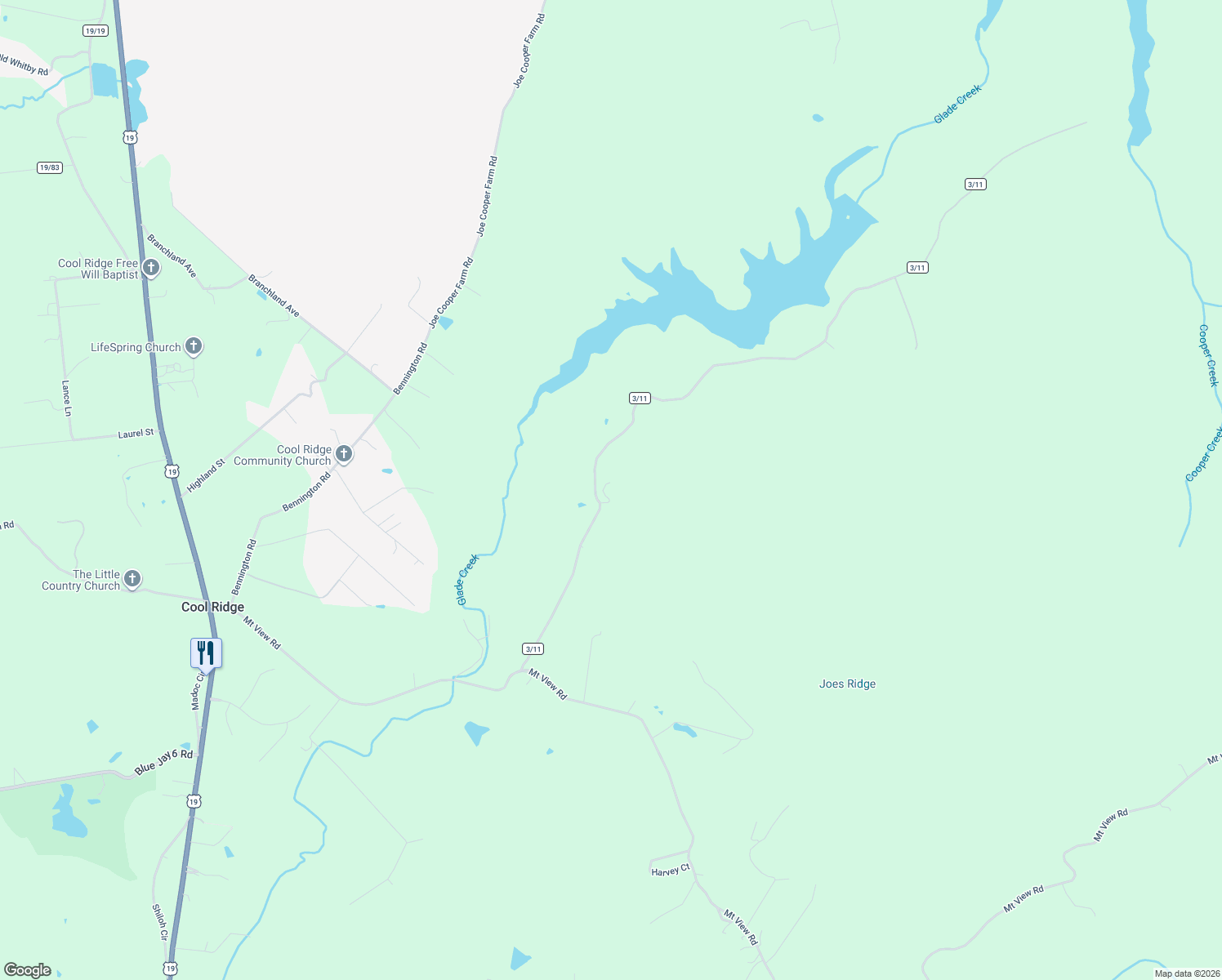 map of restaurants, bars, coffee shops, grocery stores, and more near 356 John Lane Road in Cool Ridge