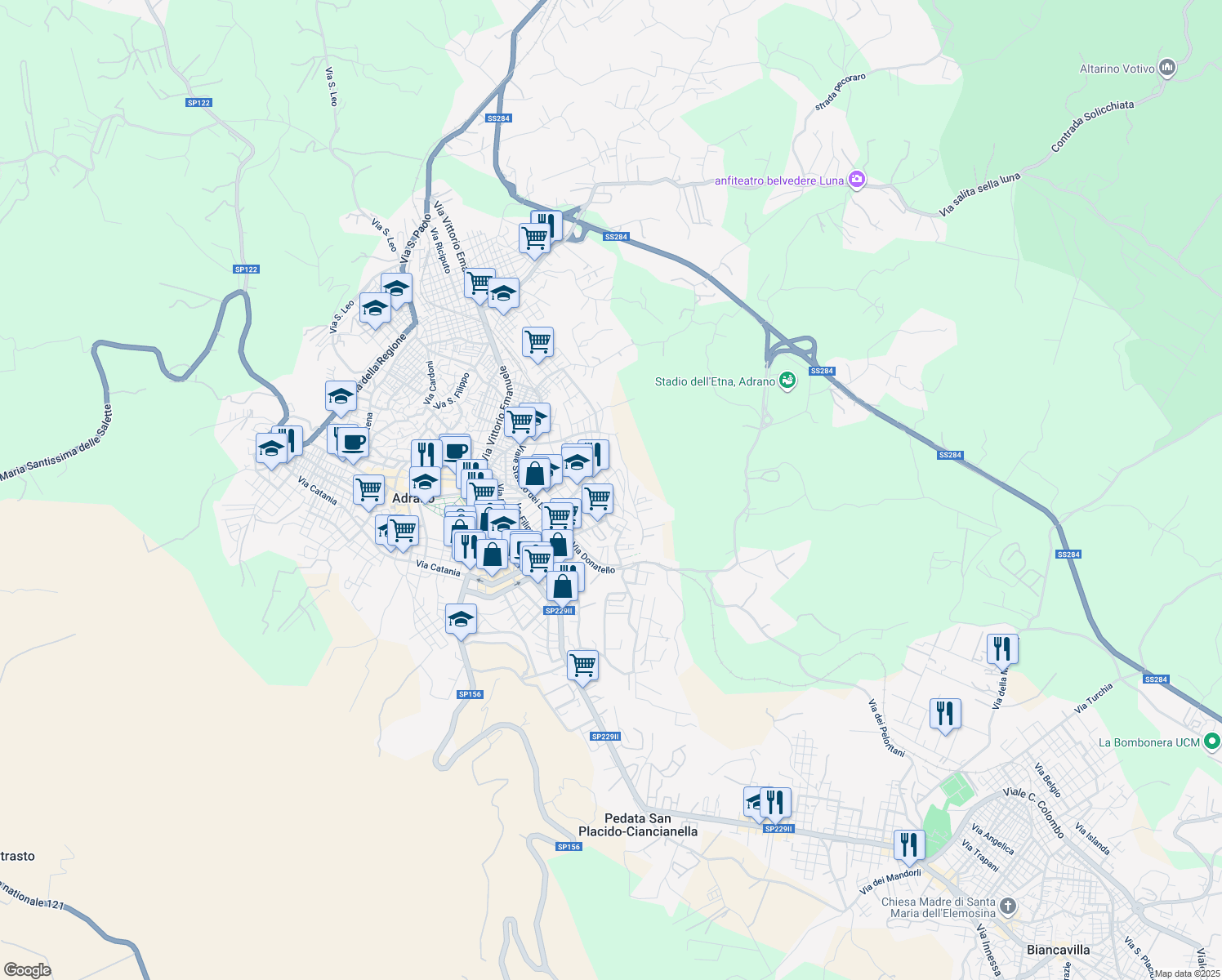 map of restaurants, bars, coffee shops, grocery stores, and more near 22 Via Fosse Ardeatine in Adrano