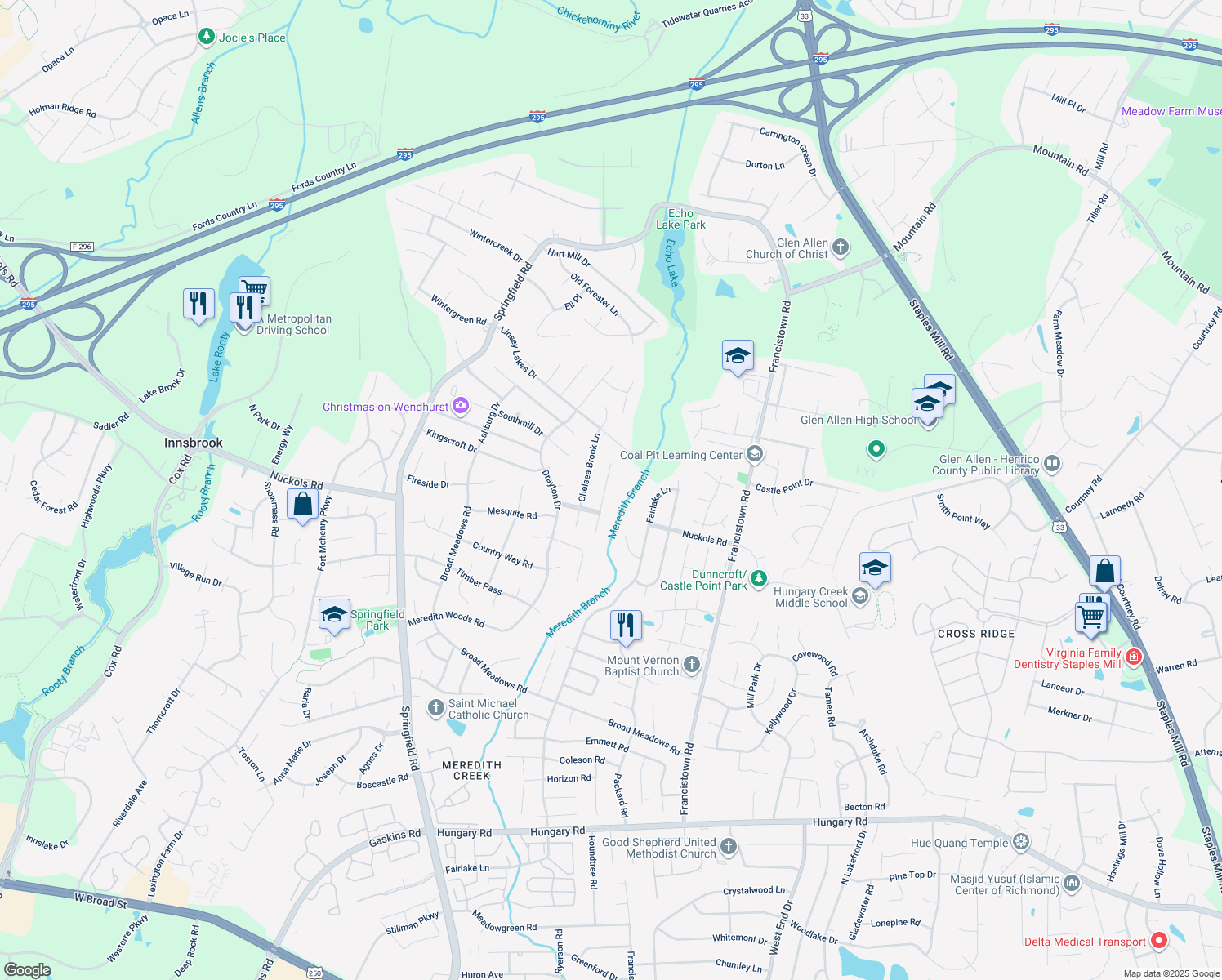 map of restaurants, bars, coffee shops, grocery stores, and more near 9324 Crystal Brook Terrace in Glen Allen