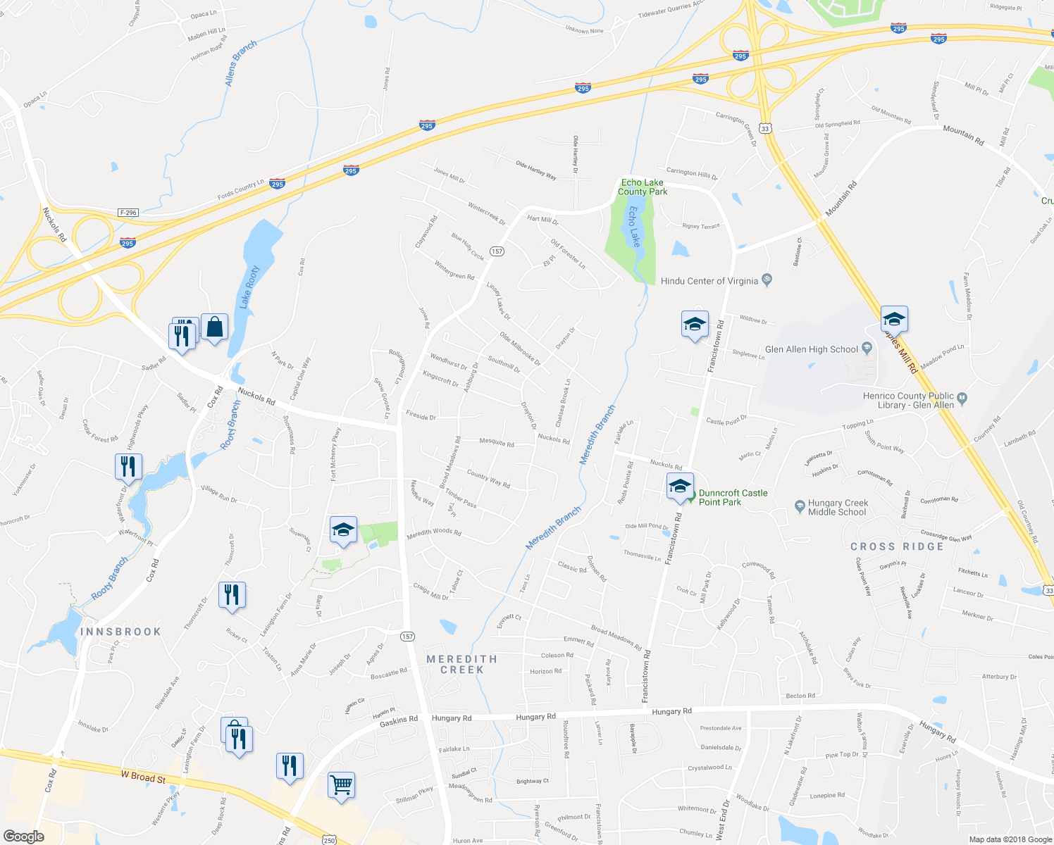 map of restaurants, bars, coffee shops, grocery stores, and more near 5105 Drayton Drive in Glen Allen