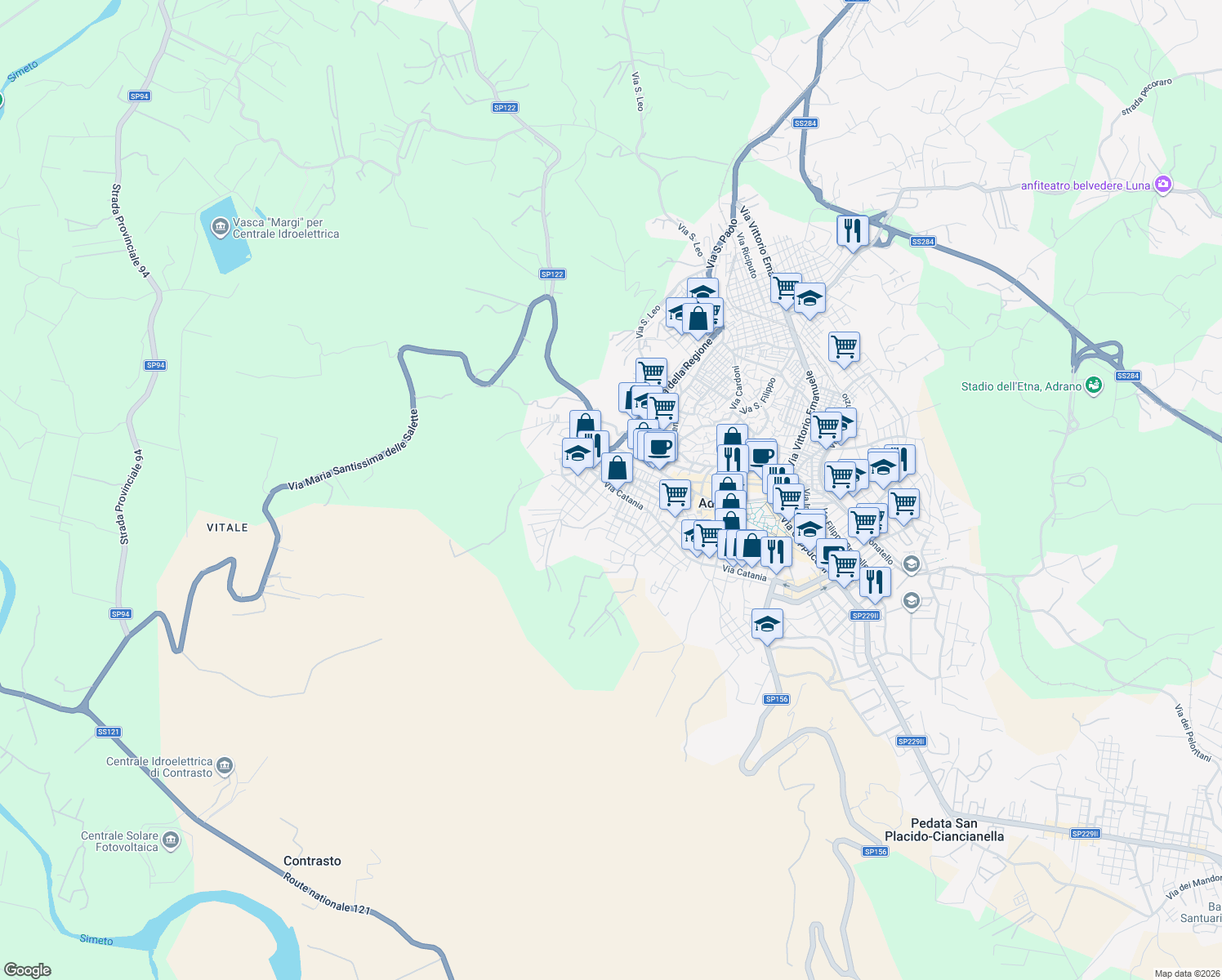 map of restaurants, bars, coffee shops, grocery stores, and more near 38 Via Brancato in Adrano