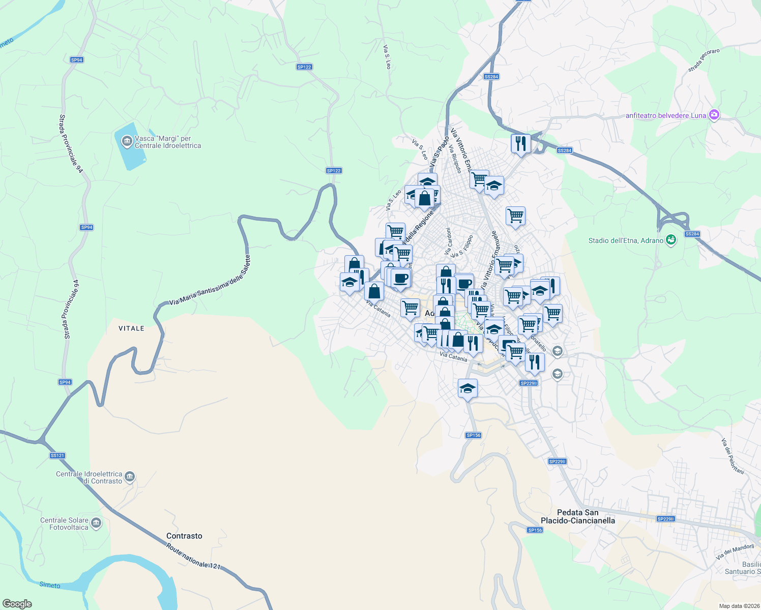 map of restaurants, bars, coffee shops, grocery stores, and more near 38 Via Brancato in Adrano