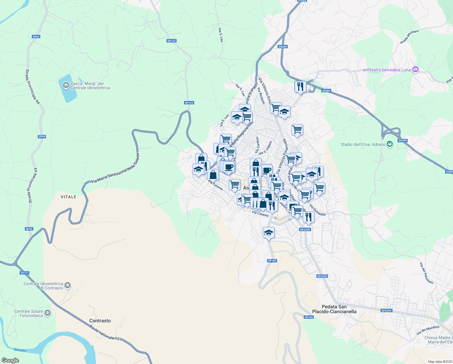 map of restaurants, bars, coffee shops, grocery stores, and more near 32 Piazza Genova in Adrano