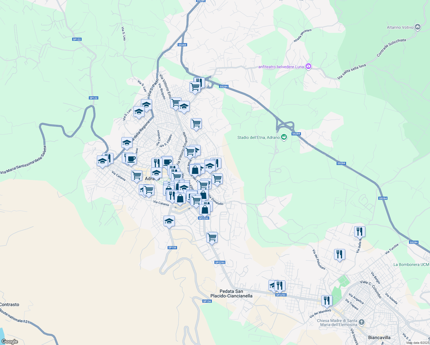 map of restaurants, bars, coffee shops, grocery stores, and more near 22 Via Fosse Ardeatine in Adrano