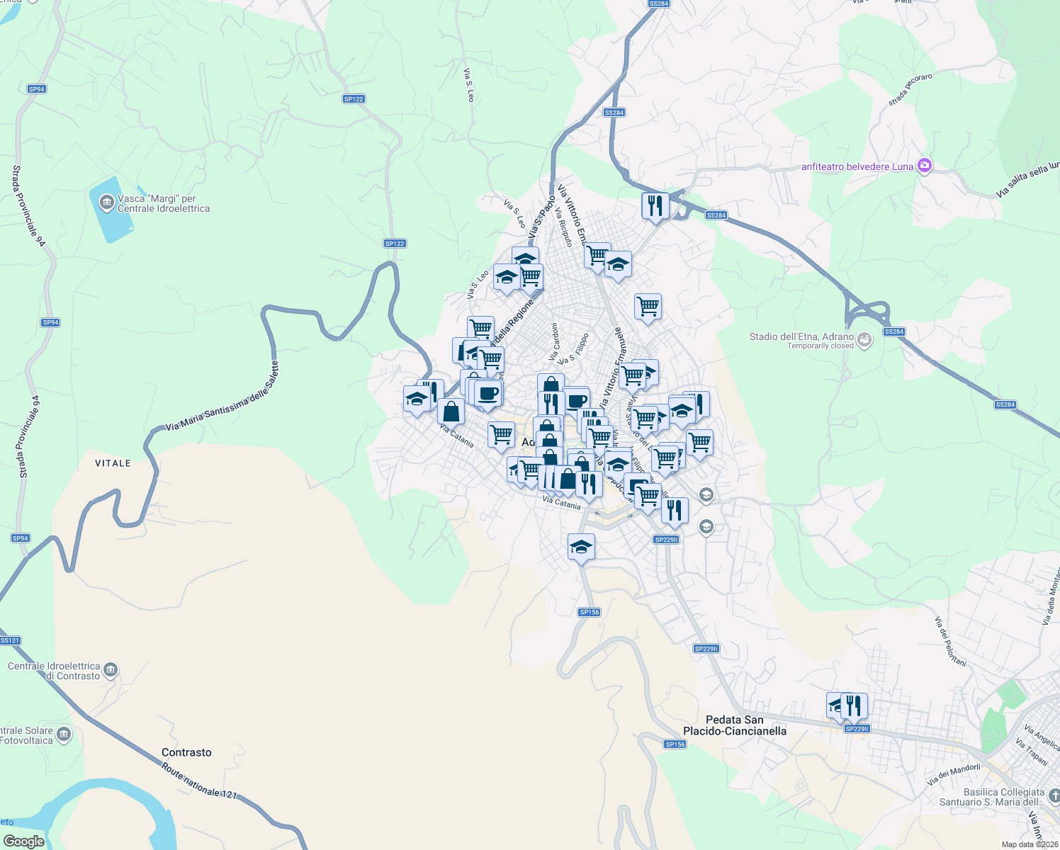 map of restaurants, bars, coffee shops, grocery stores, and more near 7 Via Caffarelli in Adrano