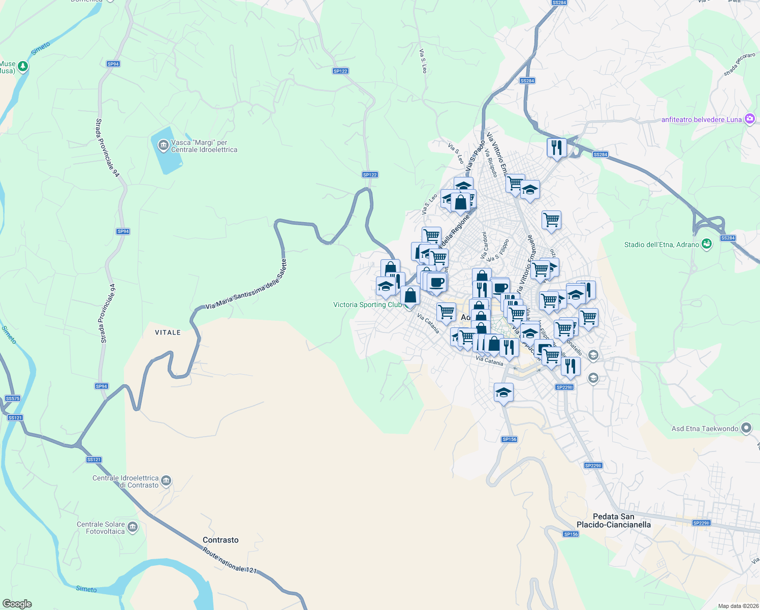 map of restaurants, bars, coffee shops, grocery stores, and more near 5 Via Archeologica in Adrano