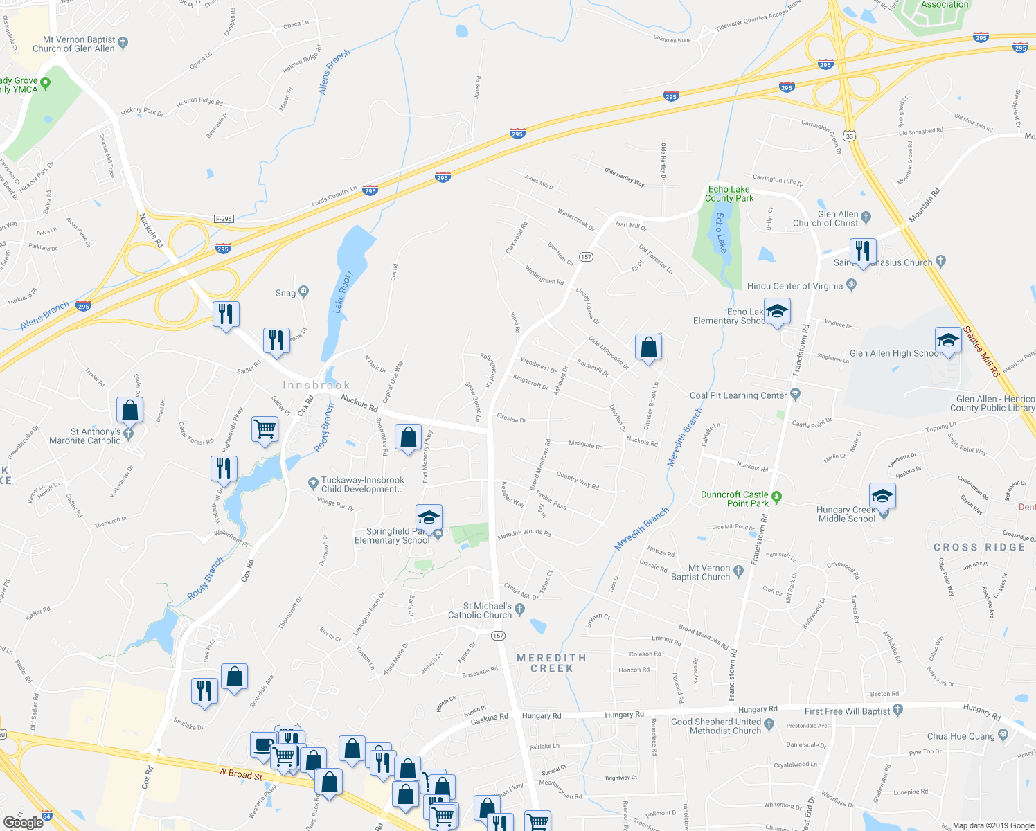 map of restaurants, bars, coffee shops, grocery stores, and more near 9728 Fireside Drive in Glen Allen