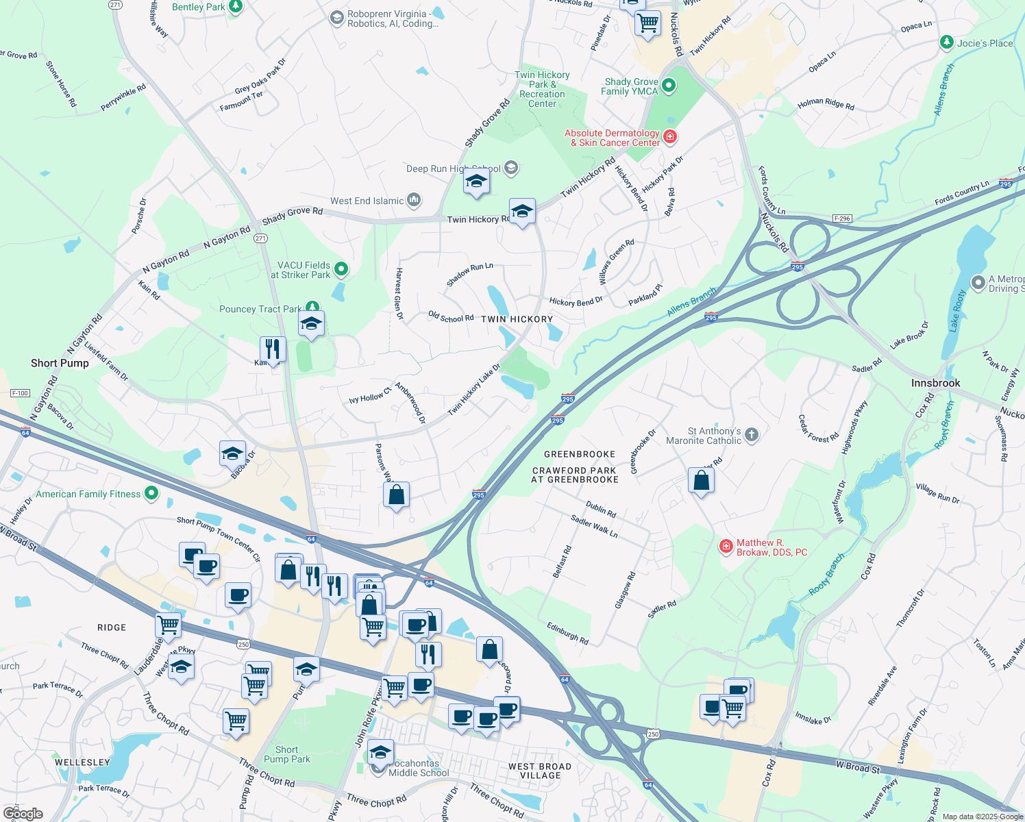 map of restaurants, bars, coffee shops, grocery stores, and more near 11621 Hickory Lake Terrace in Glen Allen