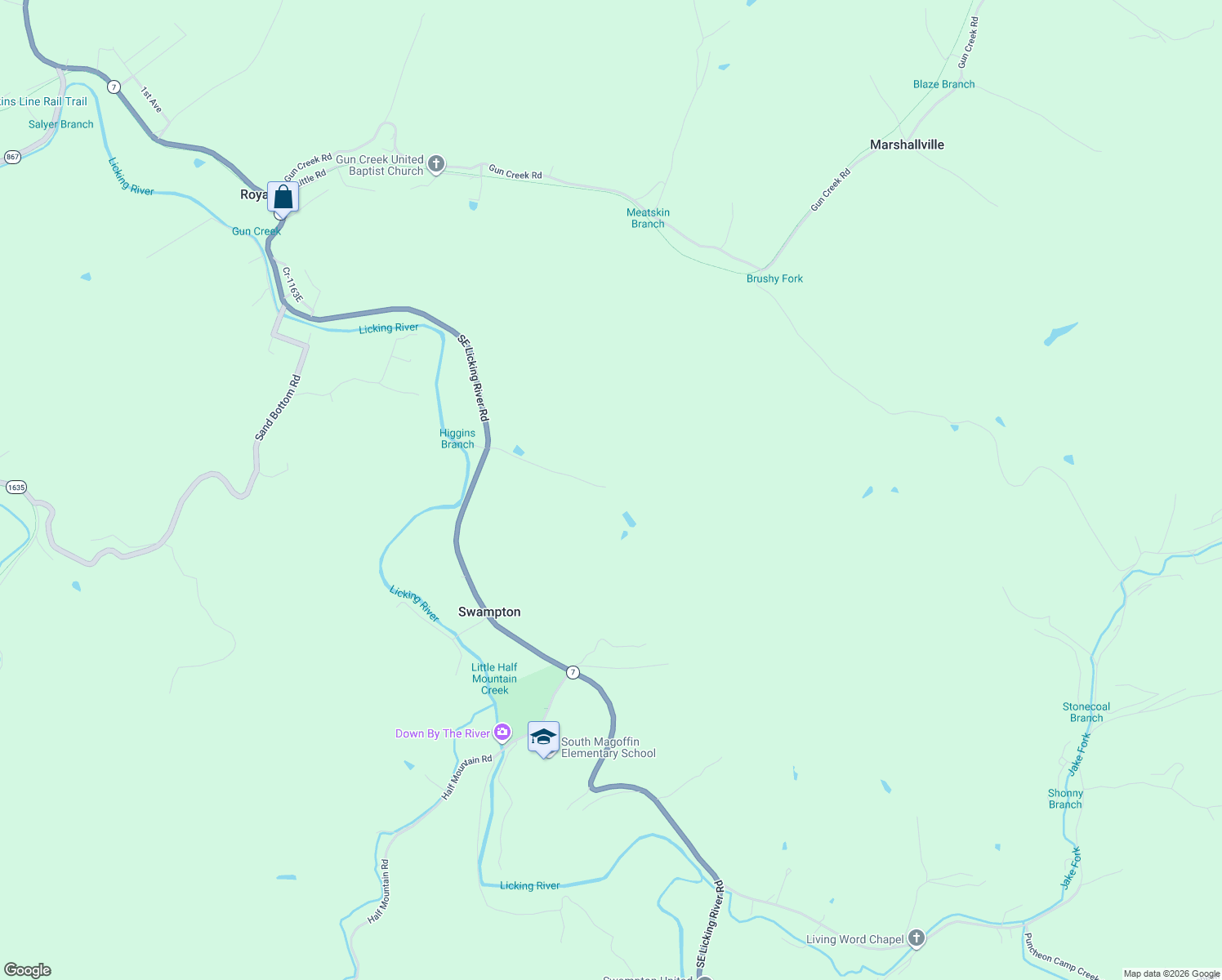 map of restaurants, bars, coffee shops, grocery stores, and more near 363 Higgins Branch Road in Royalton