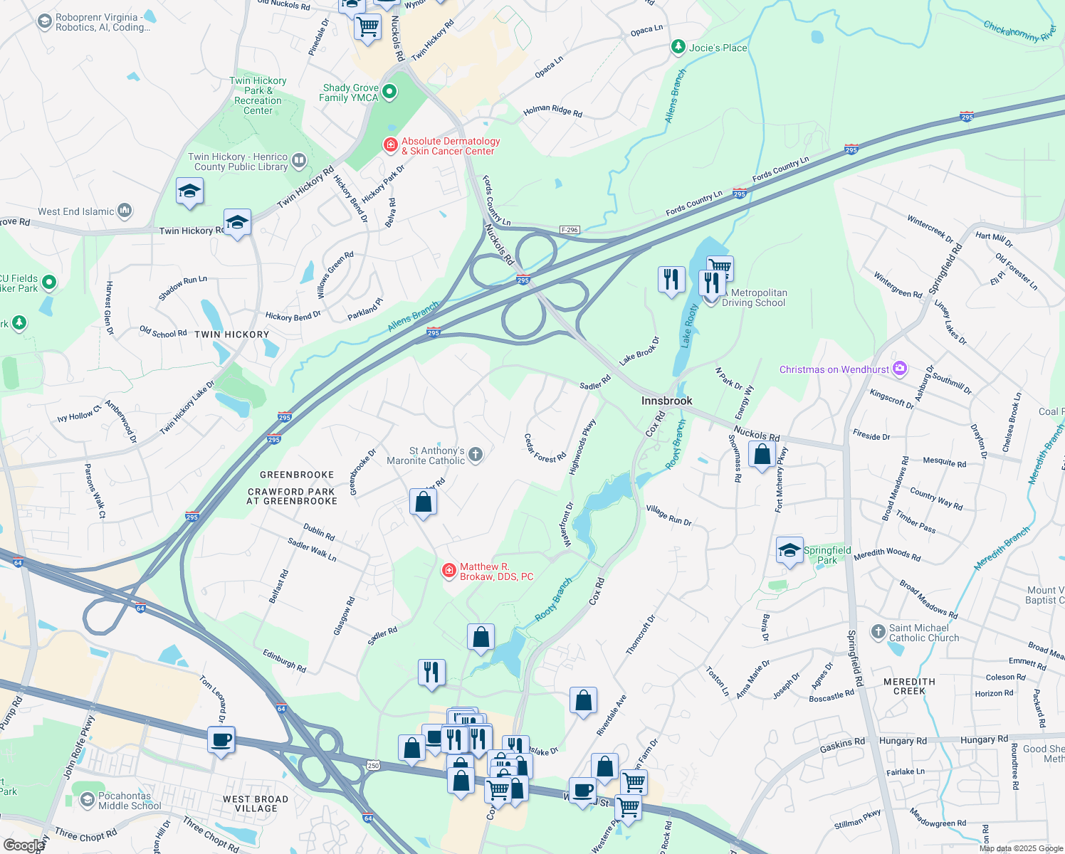 map of restaurants, bars, coffee shops, grocery stores, and more near 4617 Cedar Forest Road in Glen Allen