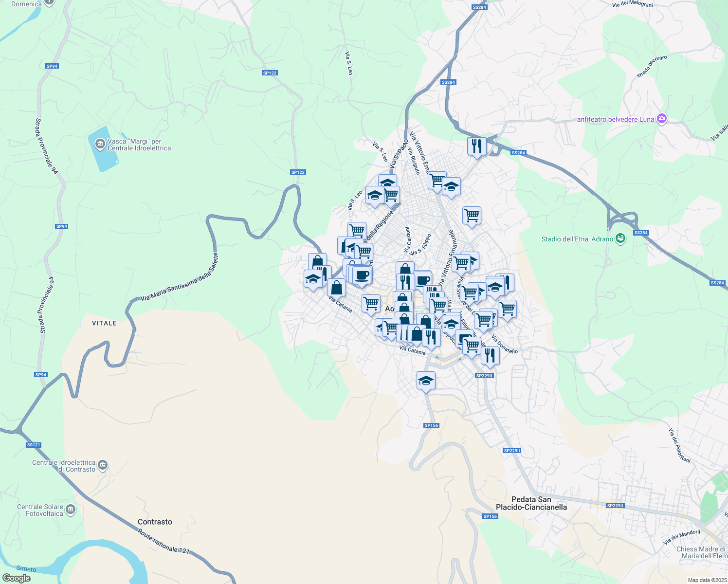 map of restaurants, bars, coffee shops, grocery stores, and more near 32 Piazza Genova in Adrano
