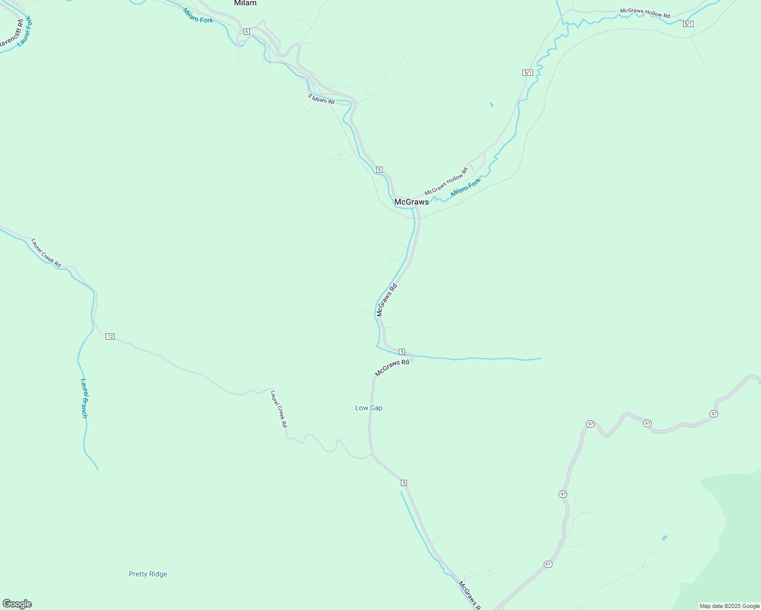 map of restaurants, bars, coffee shops, grocery stores, and more near McGraws Road in Ravencliff