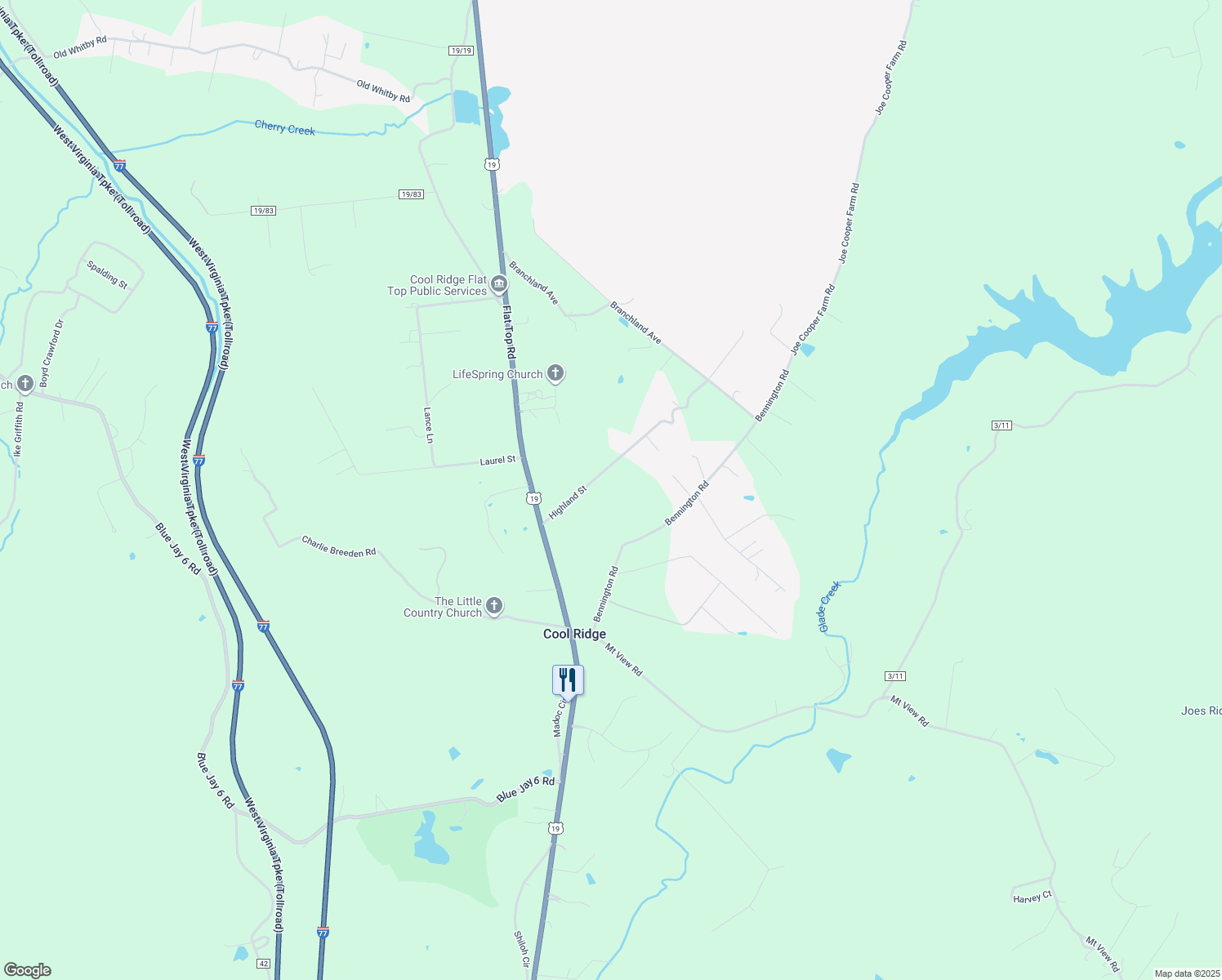 map of restaurants, bars, coffee shops, grocery stores, and more near 212 Highland Street in Cool Ridge